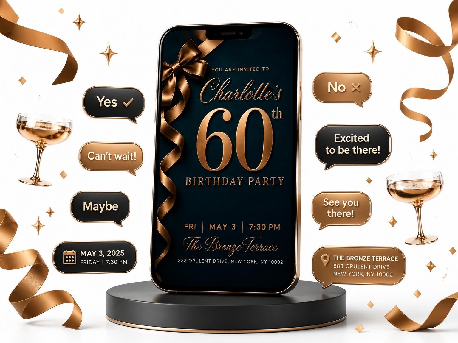 The Navy Gold Ribbon 60th Birthday invitation on a phone, with guest RSVPs arriving around it