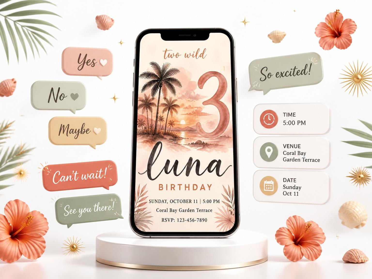 The Tropical 3rd Birthday Invitation invitation on a phone, with guest RSVPs arriving around it