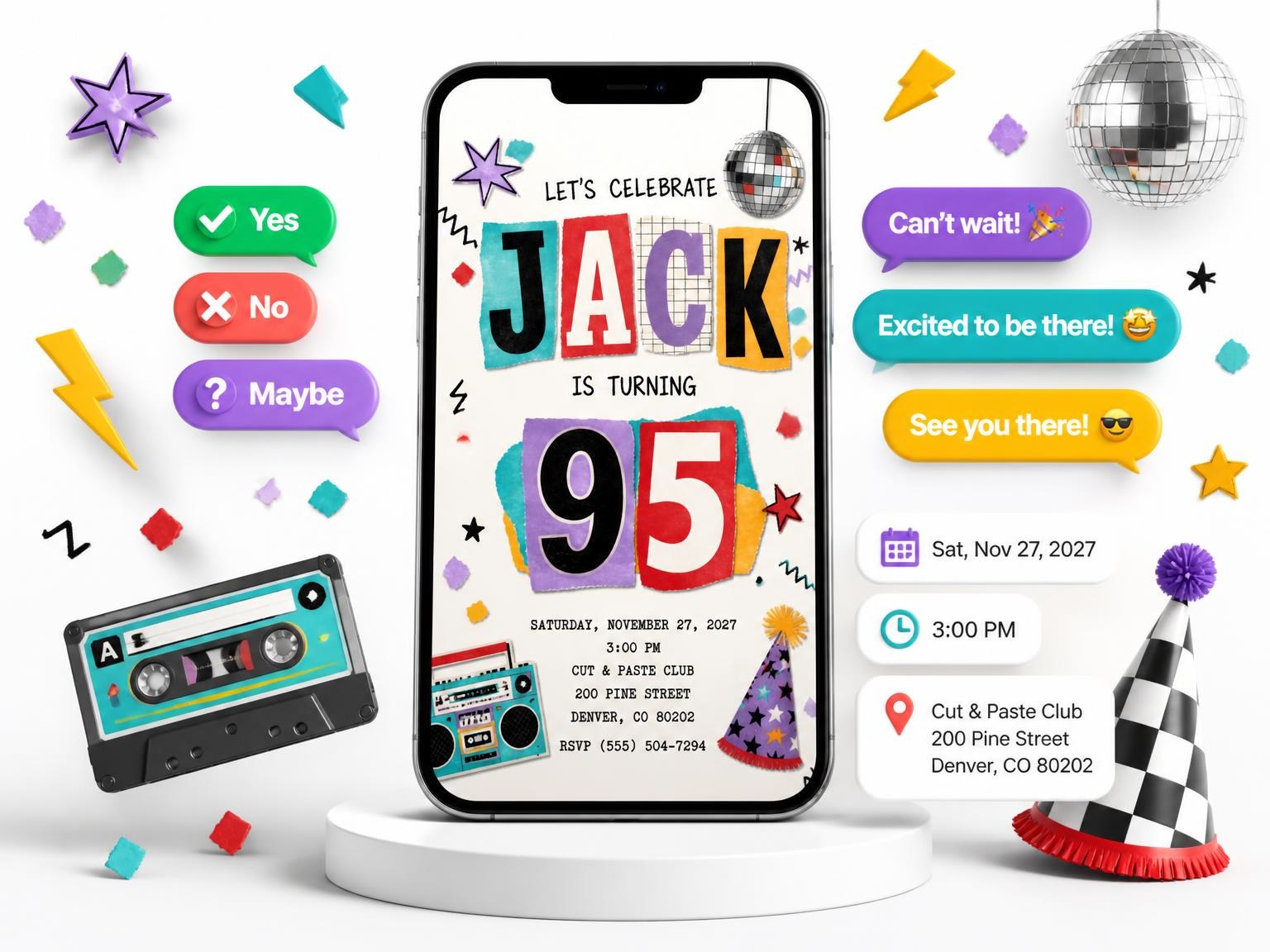 The Retro Paper Collage 95th Birthday Invitation invitation on a phone, with guest RSVPs arriving around it