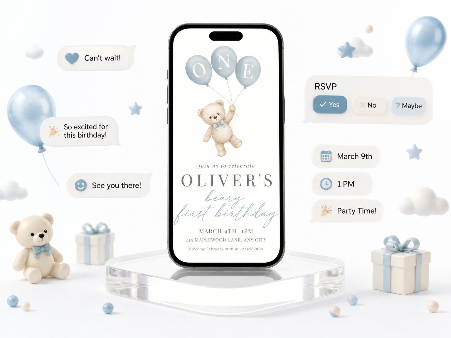The Sweet Teddy Bear First Birthday Invitation invitation on a phone, with guest RSVPs arriving around it
