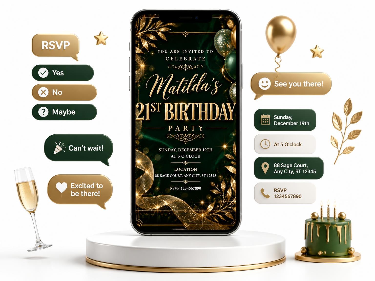 The Emerald and Champagne 21st Birthday Invitation invitation on a phone, with guest RSVPs arriving around it