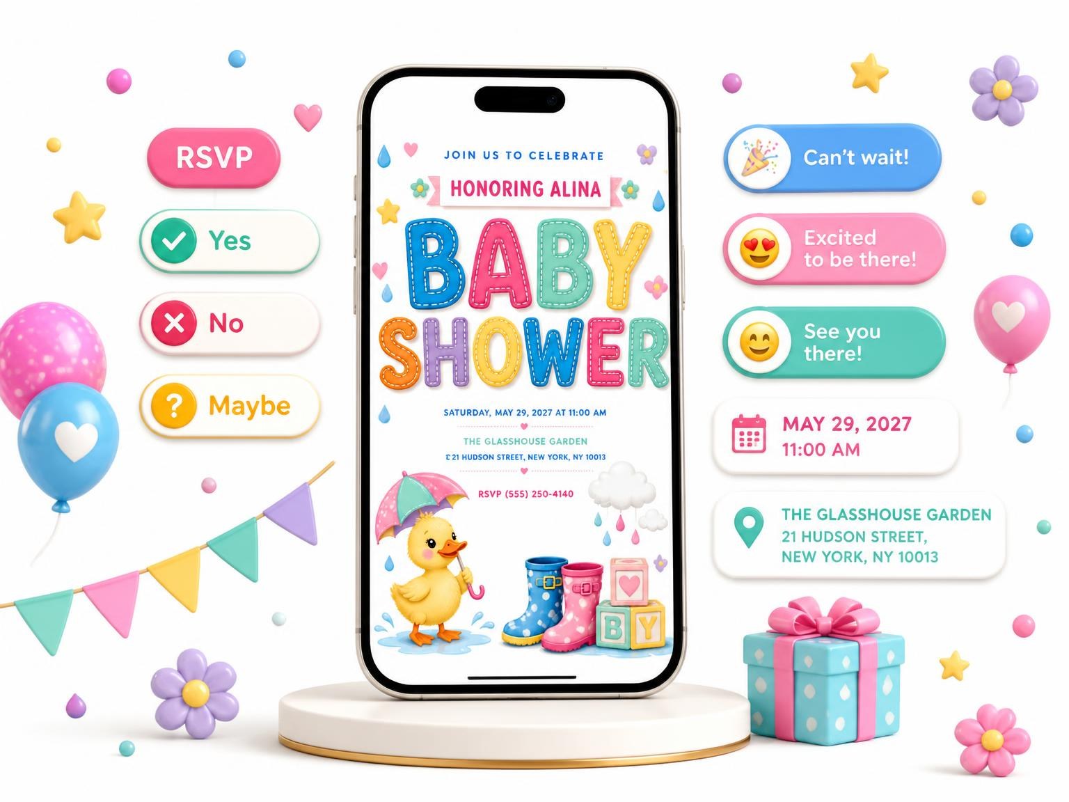 The Baby Duckling Baby Shower Invitation invitation on a phone, with guest RSVPs arriving around it