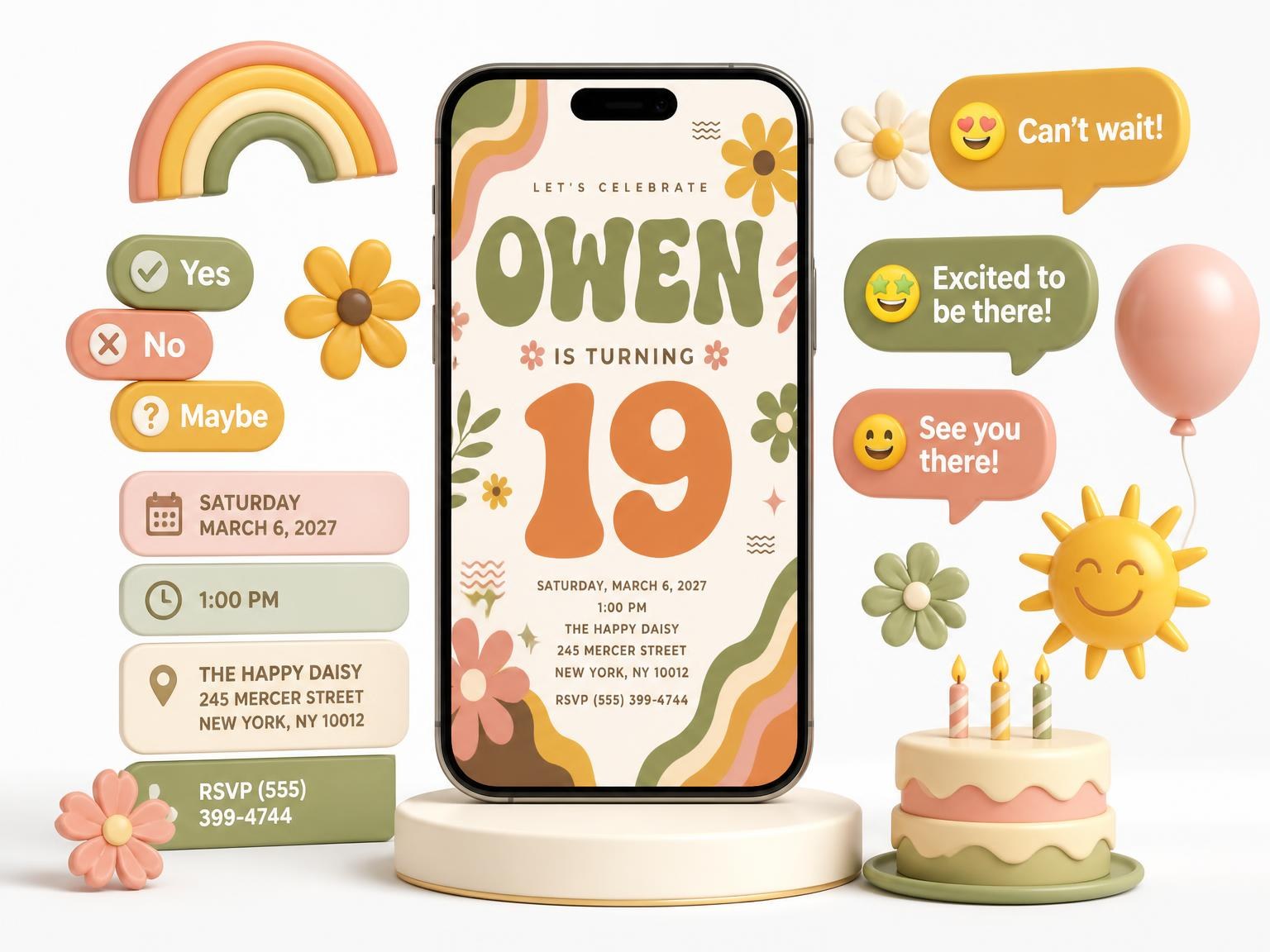 The Groovy Retro 19th Birthday Invitation invitation on a phone, with guest RSVPs arriving around it