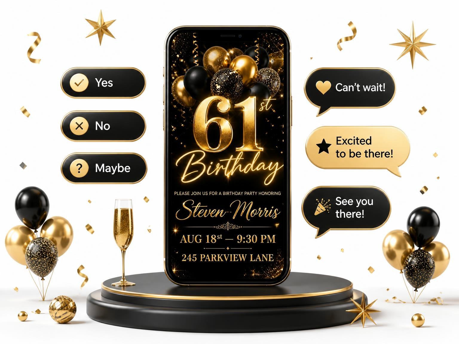 The Black and Gold Balloon 61st Birthday invitation on a phone, with guest RSVPs arriving around it
