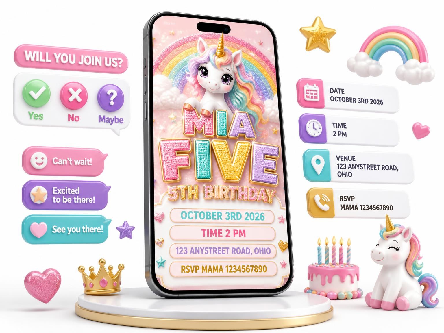 The Glitter Unicorn 5th Birthday Invitation invitation on a phone, with guest RSVPs arriving around it