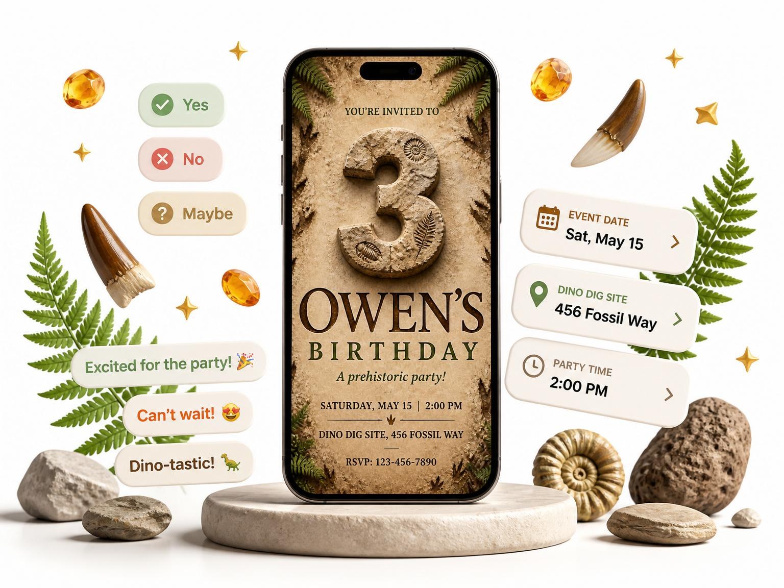 The Stone Fossil Print 3rd Birthday invitation on a phone, with guest RSVPs arriving around it