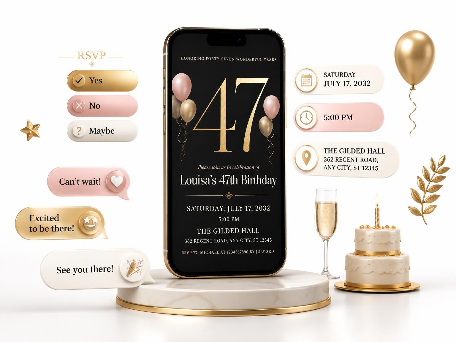 The Charcoal and Blush 47th Birthday Invitation invitation on a phone, with guest RSVPs arriving around it