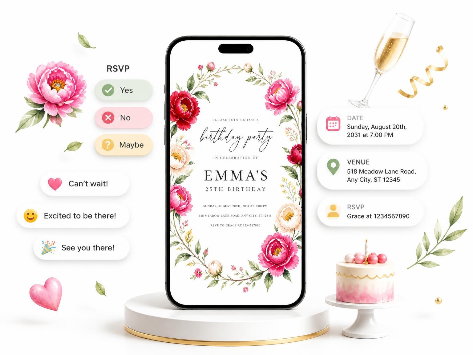 The Scarlet Peony Wreath 25th Birthday Invitation invitation on a phone, with guest RSVPs arriving around it