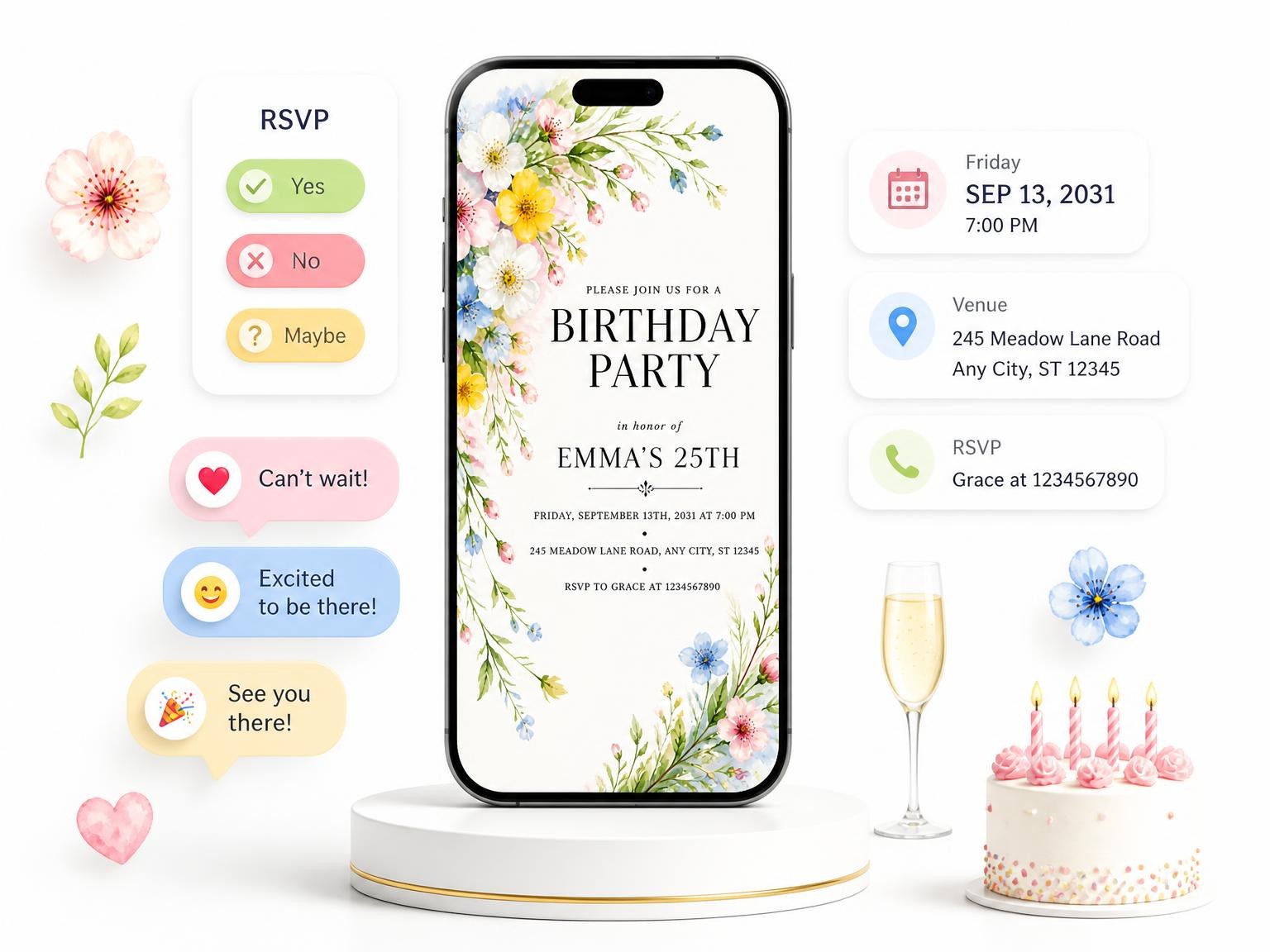 The Spring Floral Garland 25th Birthday Invitation invitation on a phone, with guest RSVPs arriving around it