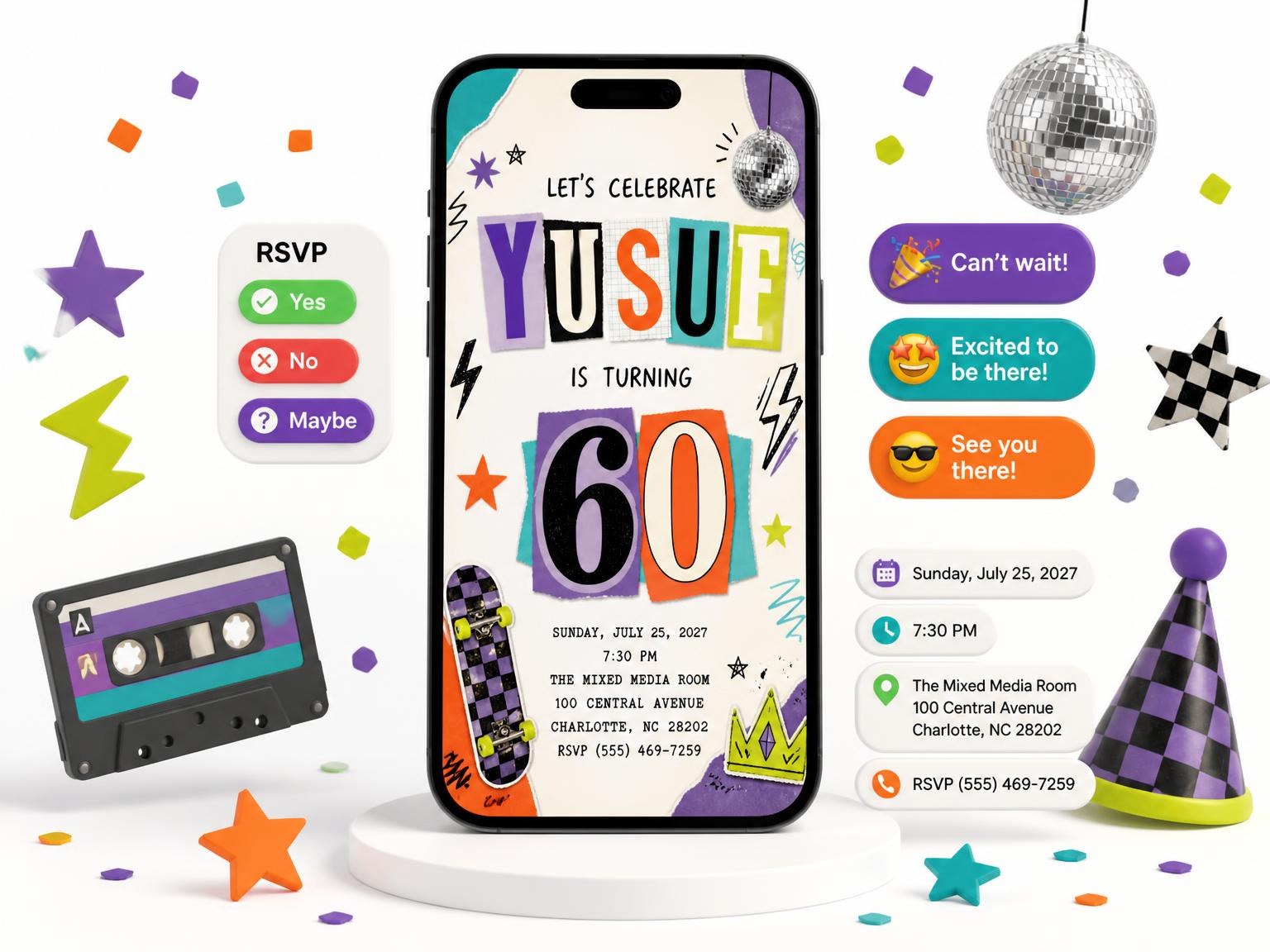 The Retro Paper Collage 60th Birthday Invitation invitation on a phone, with guest RSVPs arriving around it