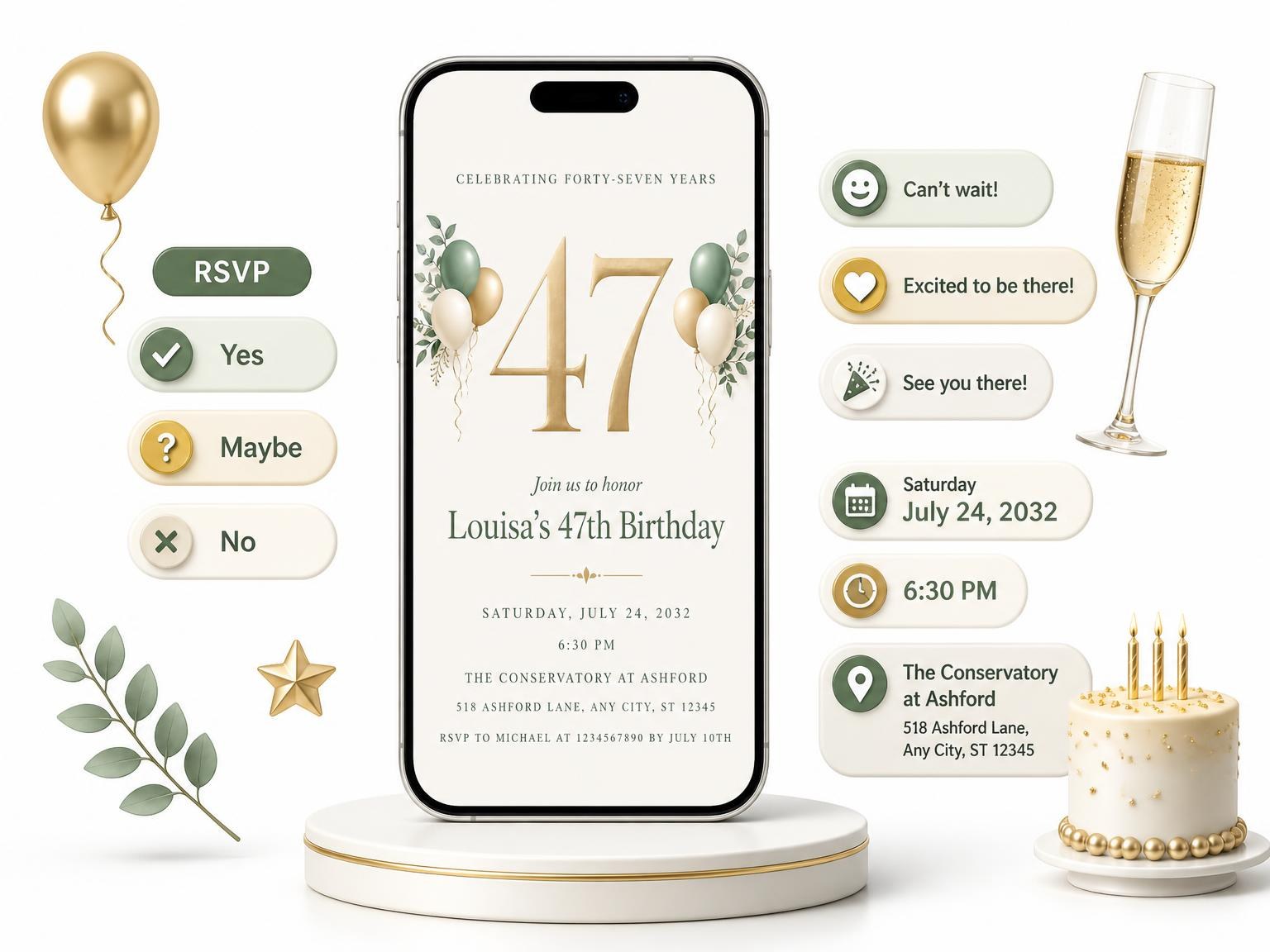 The Sage and Ivory 47th Birthday Invitation invitation on a phone, with guest RSVPs arriving around it