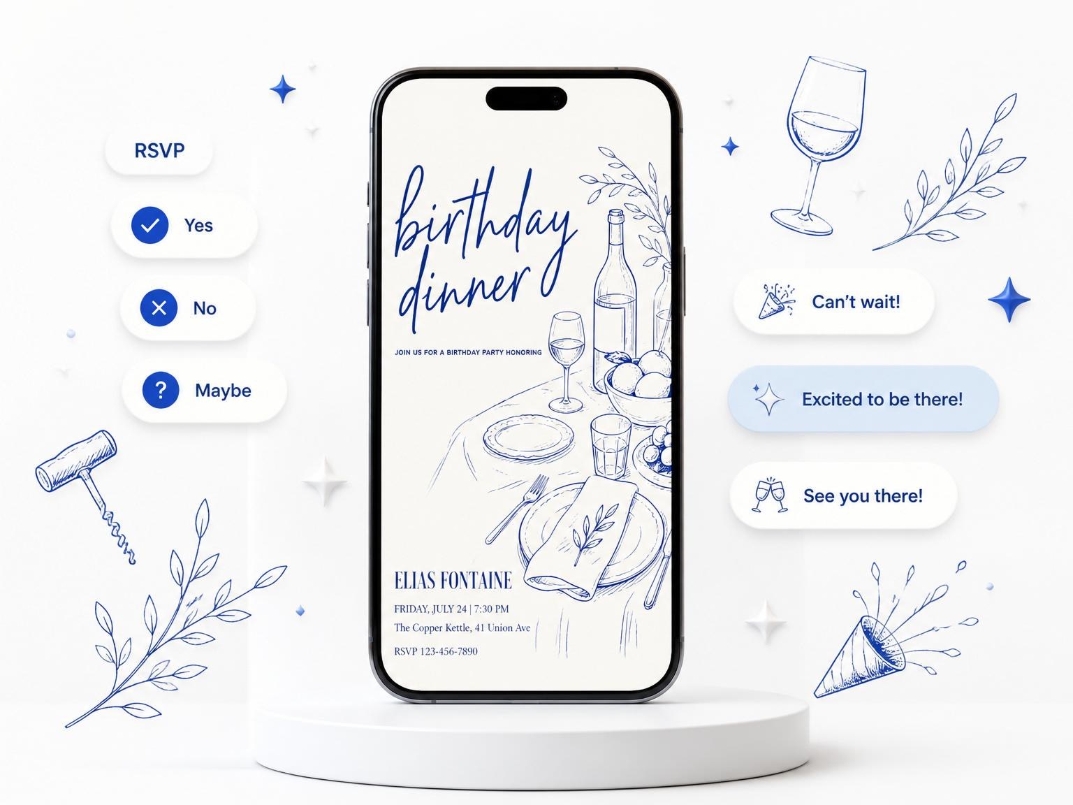 The Navy Line-Art Birthday Dinner Invitation invitation on a phone, with guest RSVPs arriving around it