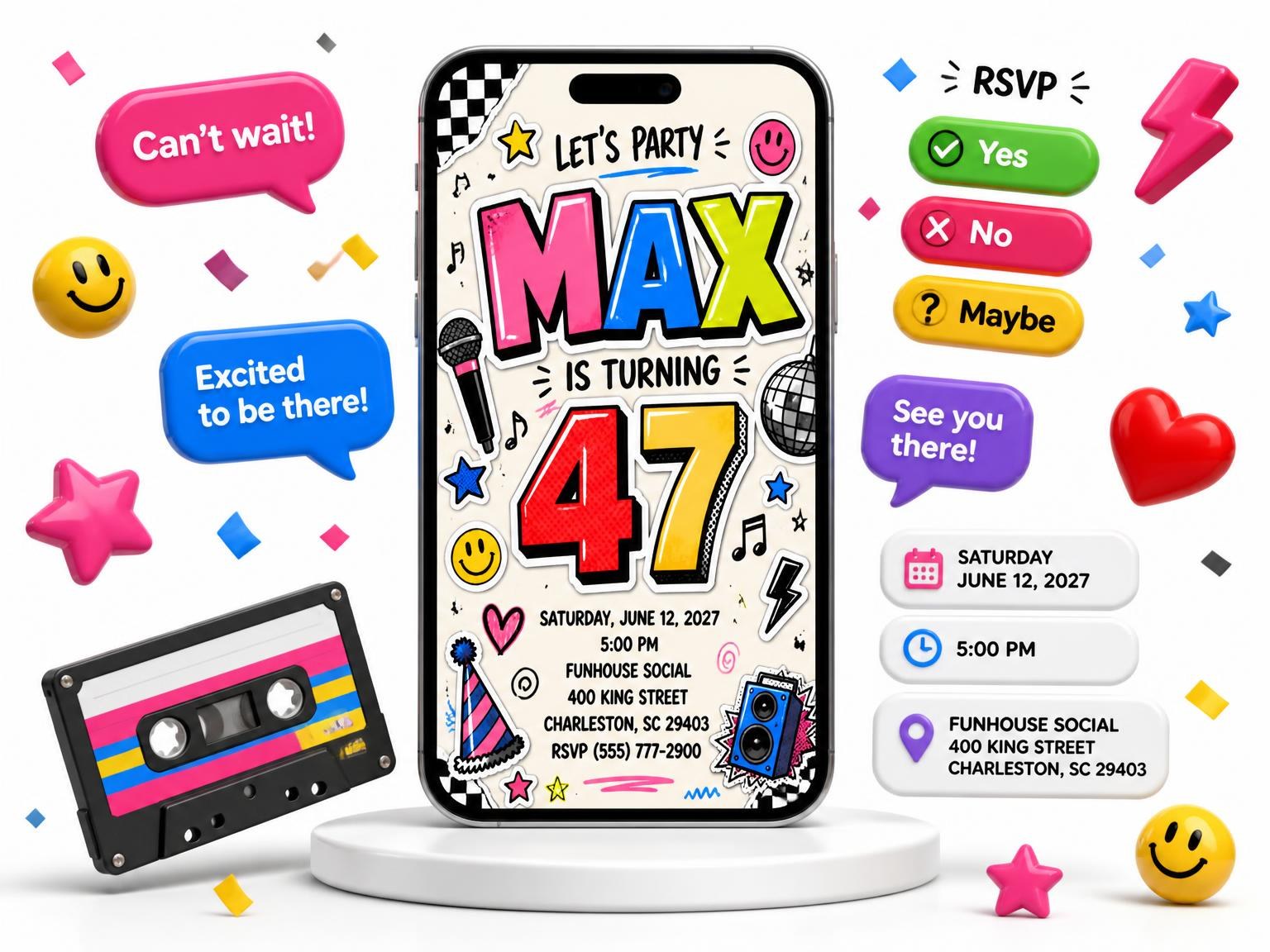 The Sticker Pop 47th Birthday Invitation invitation on a phone, with guest RSVPs arriving around it