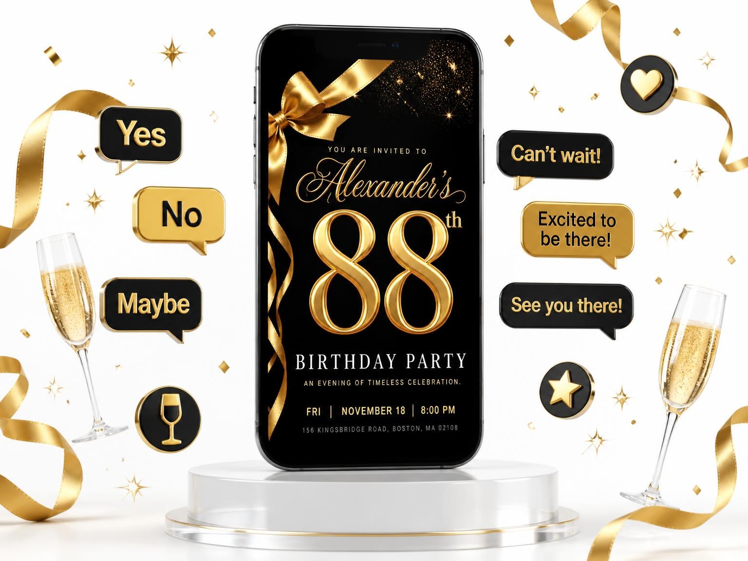 The Black and Gold Ribbon 88th Birthday invitation on a phone, with guest RSVPs arriving around it