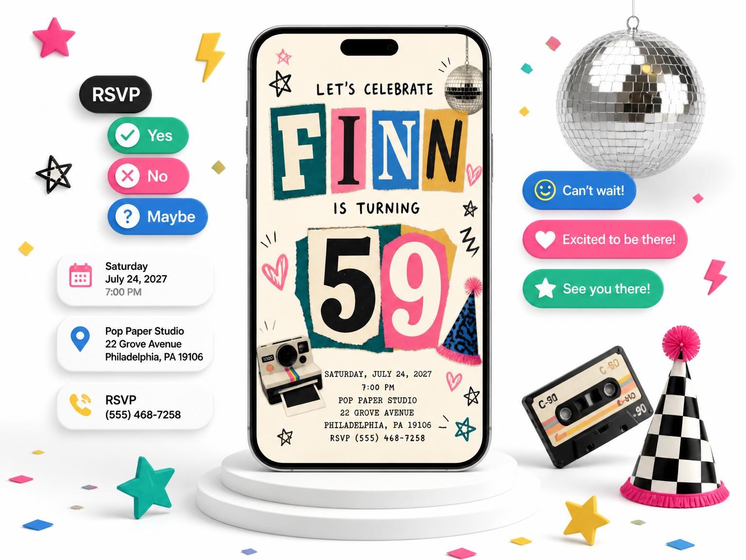 The Retro Paper Collage 59th Birthday Invitation invitation on a phone, with guest RSVPs arriving around it