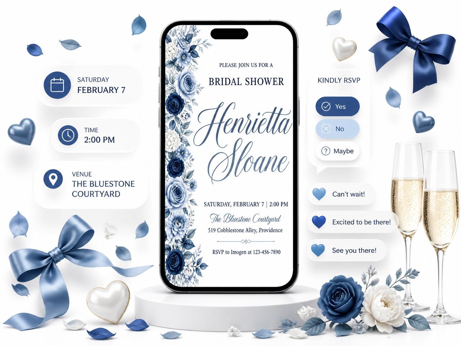 The Navy Dusty Blue Floral Bridal Shower invitation on a phone, with guest RSVPs arriving around it