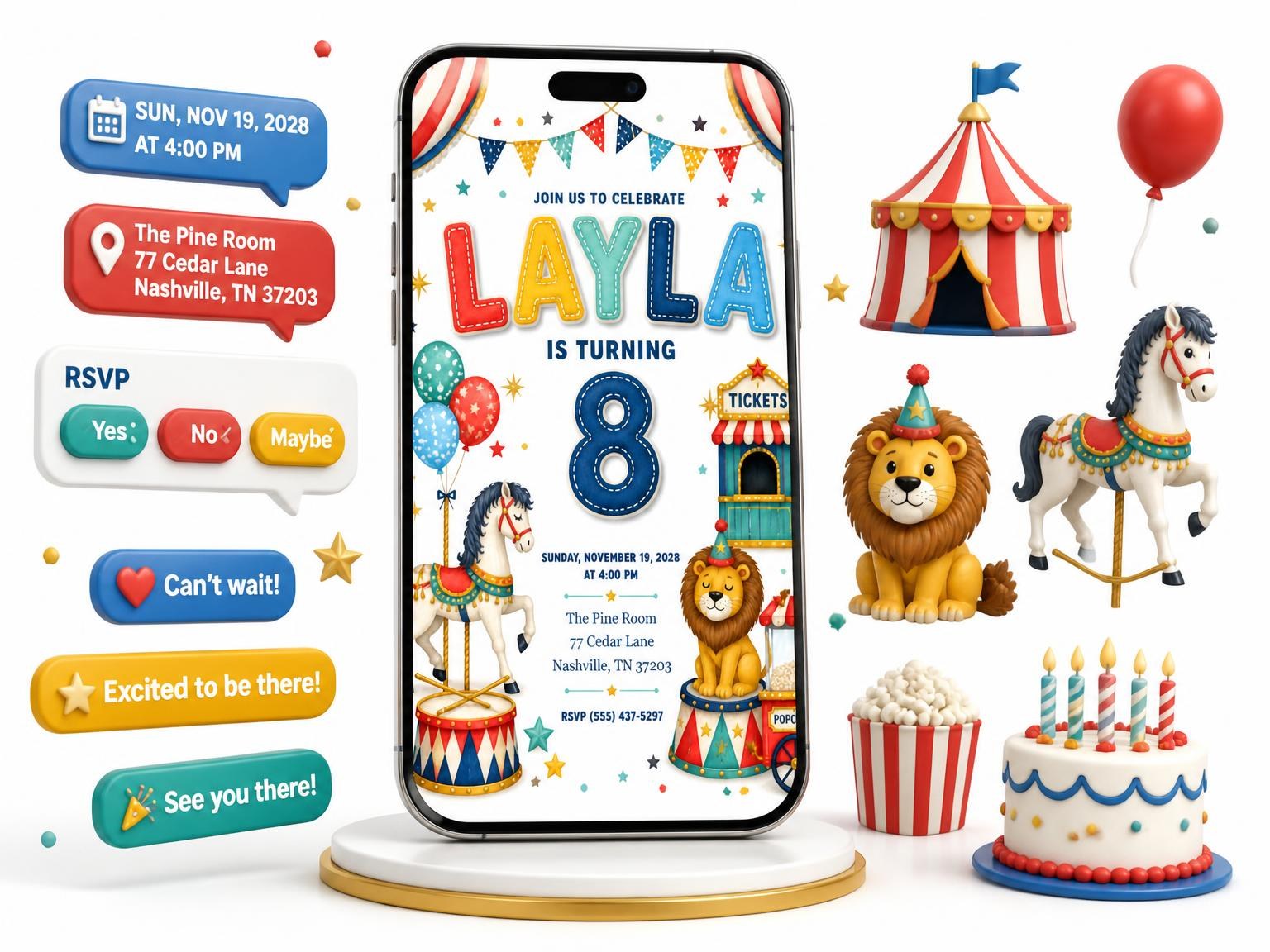 The Stitched Circus 8th Birthday Invitation invitation on a phone, with guest RSVPs arriving around it