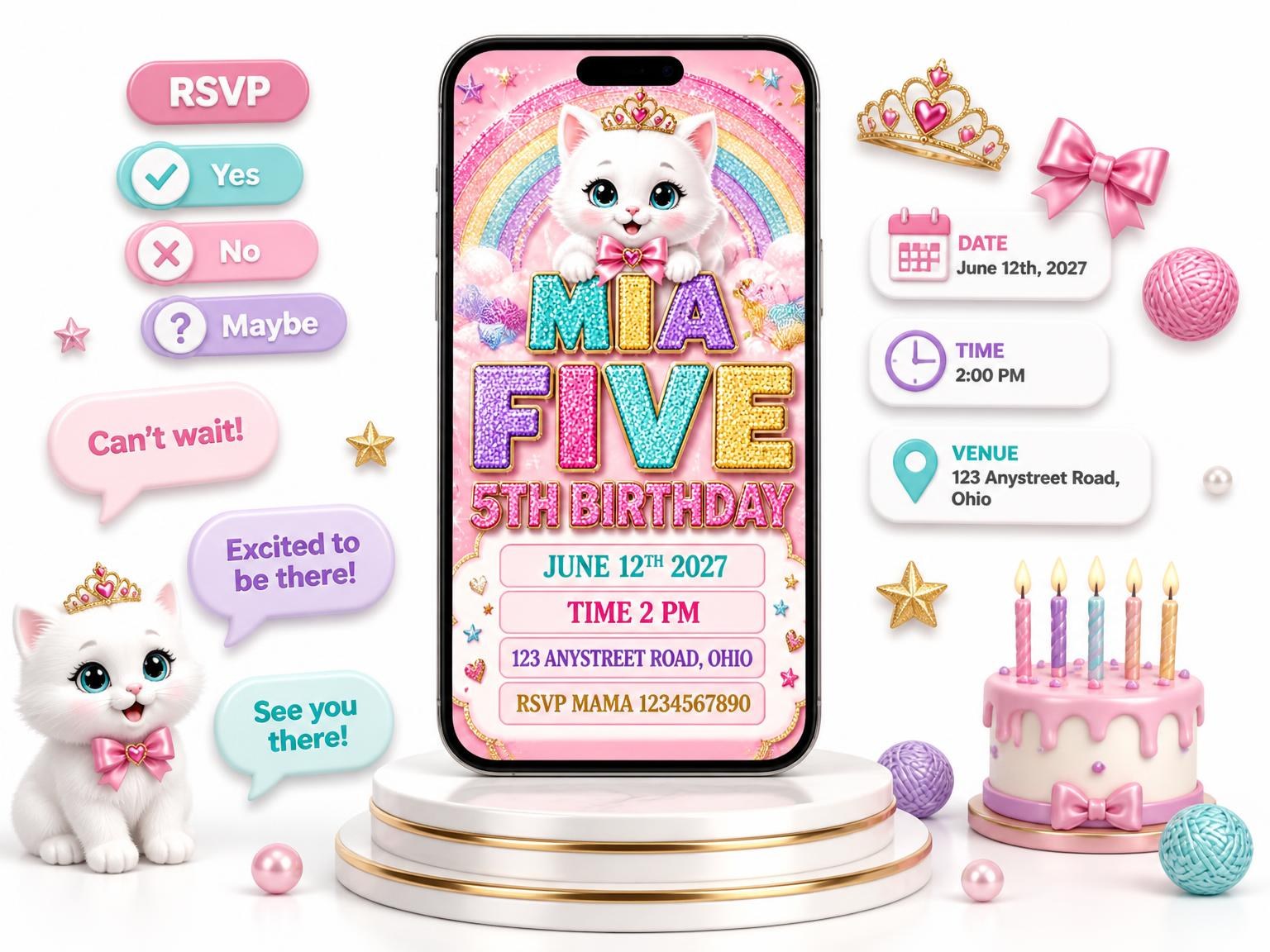 The Glitter Kitty Cat 5th Birthday Invitation invitation on a phone, with guest RSVPs arriving around it