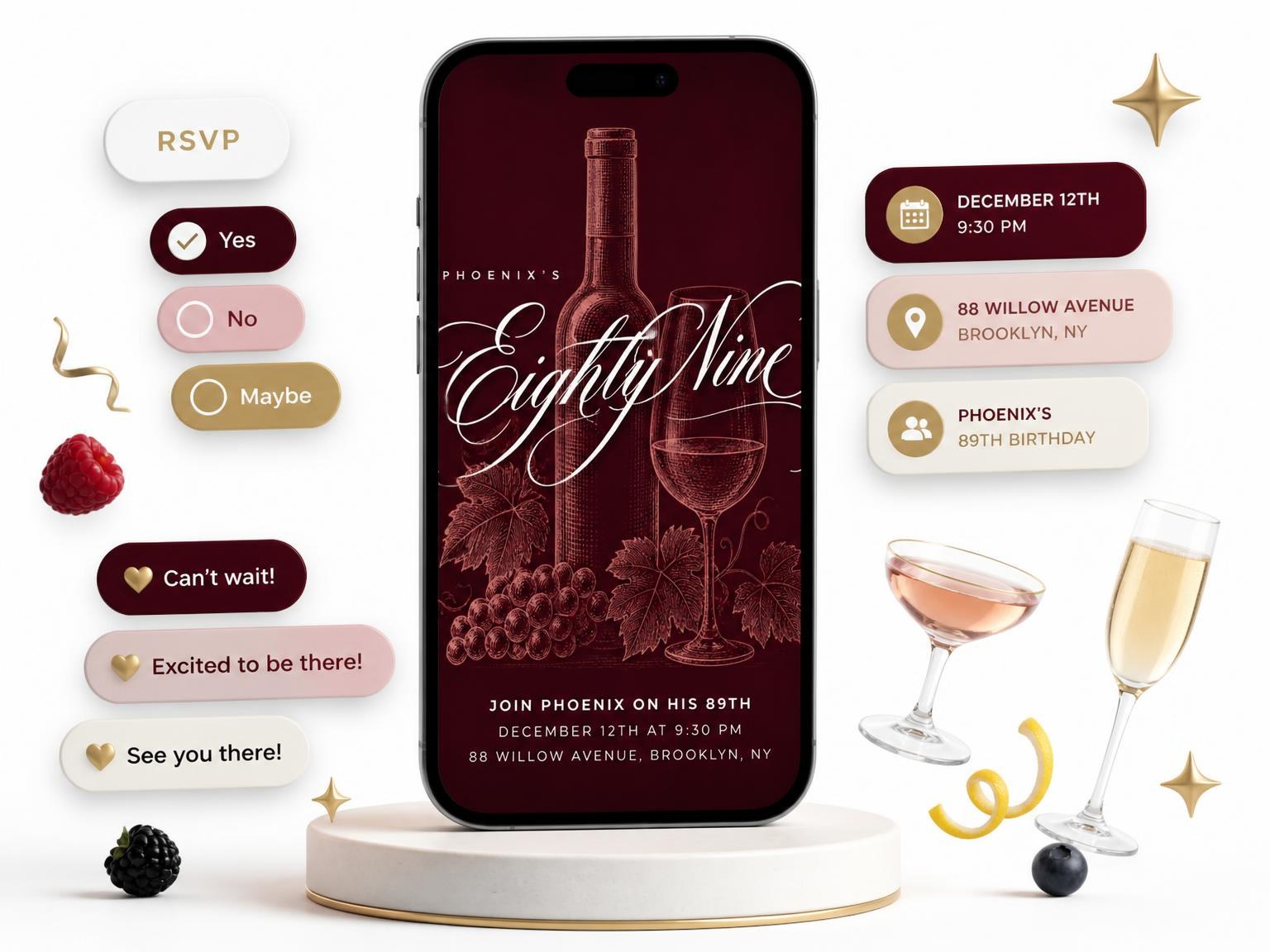 The Burgundy Cocktail 89th Birthday Invitation invitation on a phone, with guest RSVPs arriving around it