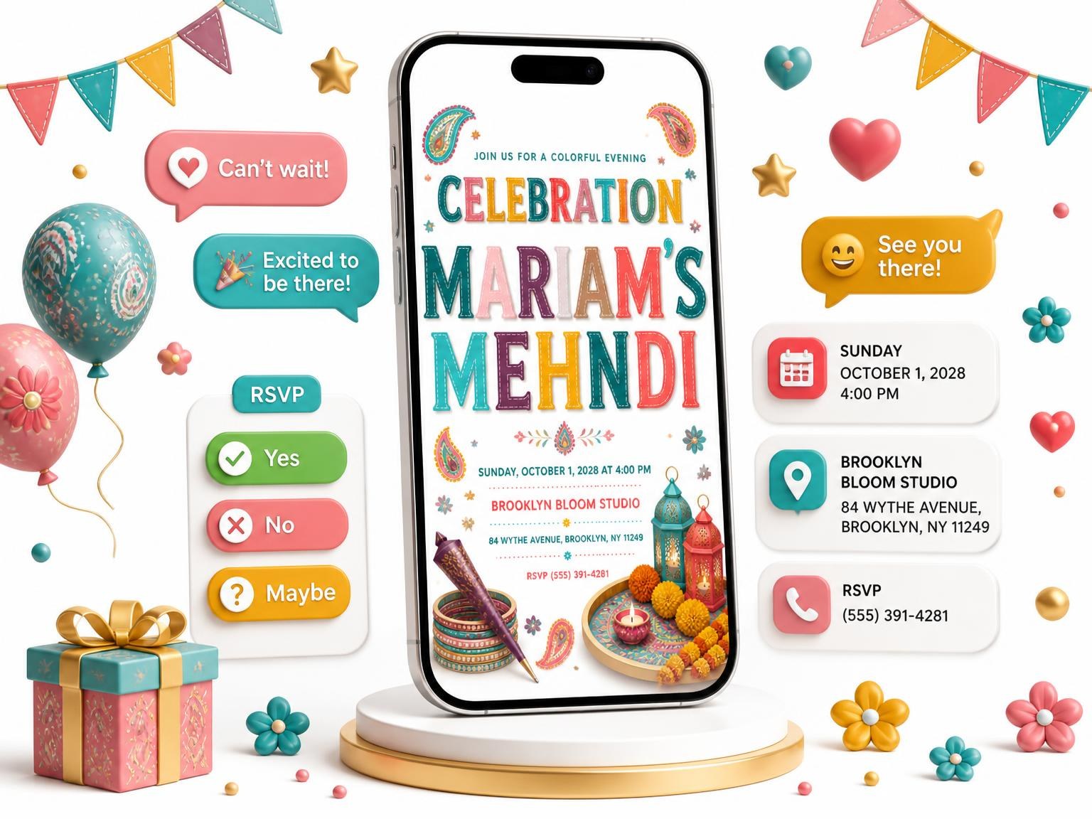 The Henna Cone Mehndi Invitation invitation on a phone, with guest RSVPs arriving around it
