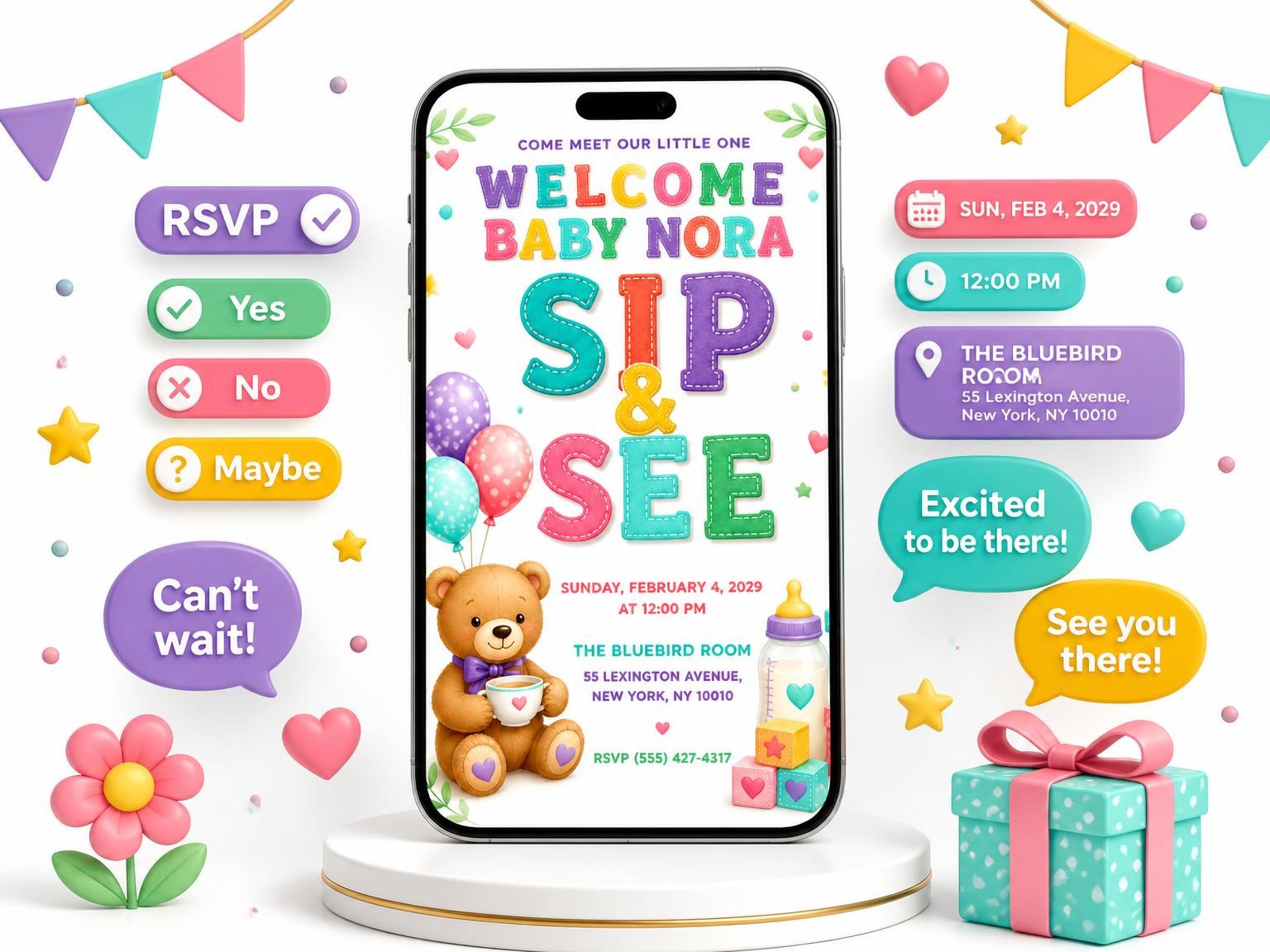 The Baby Bottle Sip and See Invitation invitation on a phone, with guest RSVPs arriving around it
