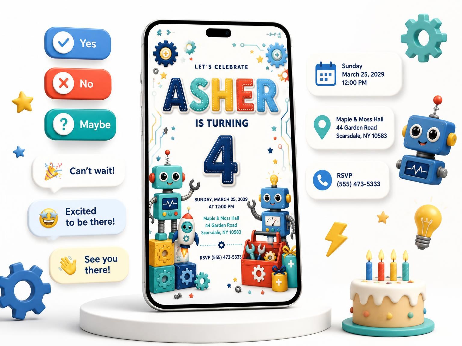 The Stitched Robot 4th Birthday Invitation invitation on a phone, with guest RSVPs arriving around it