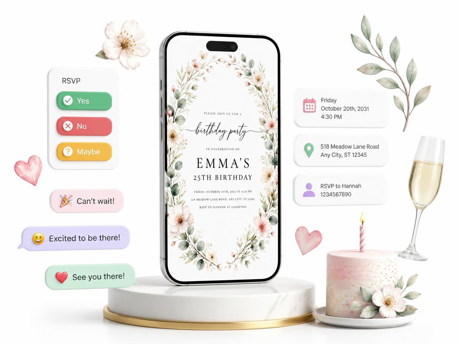 The Ivory Pink Blossom Wreath 25th Birthday Invitation invitation on a phone, with guest RSVPs arriving around it