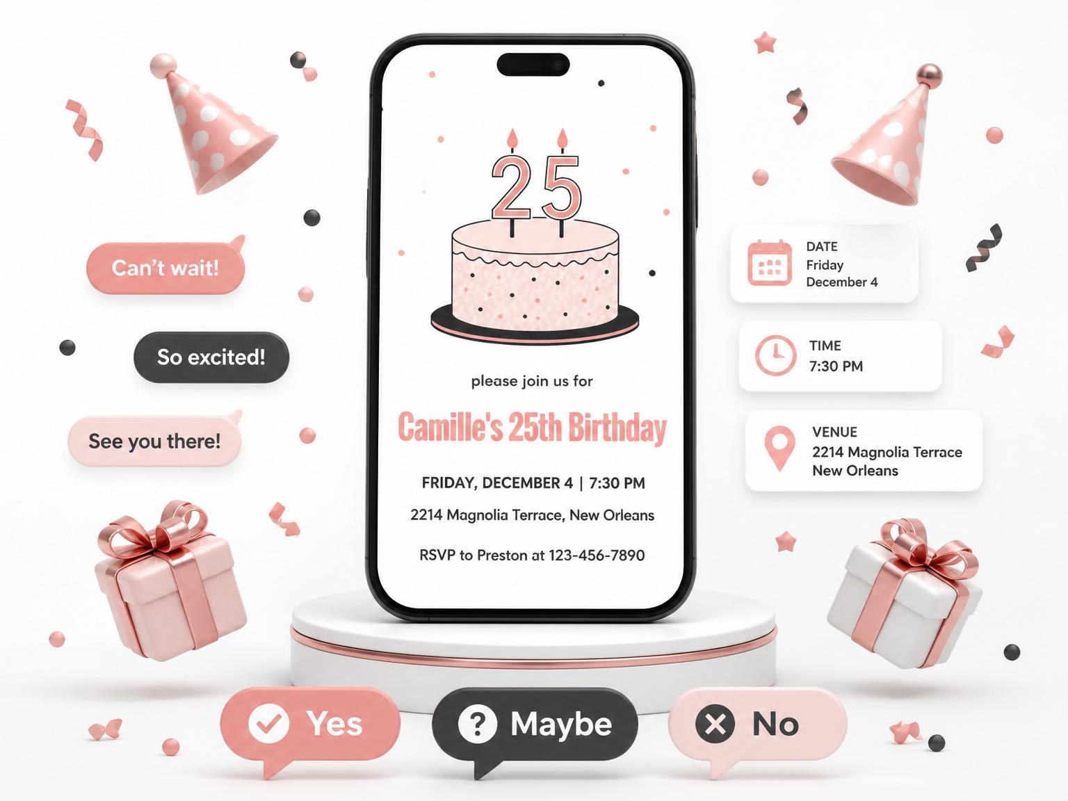 The Pink Minimalist Cake 25th Birthday invitation on a phone, with guest RSVPs arriving around it