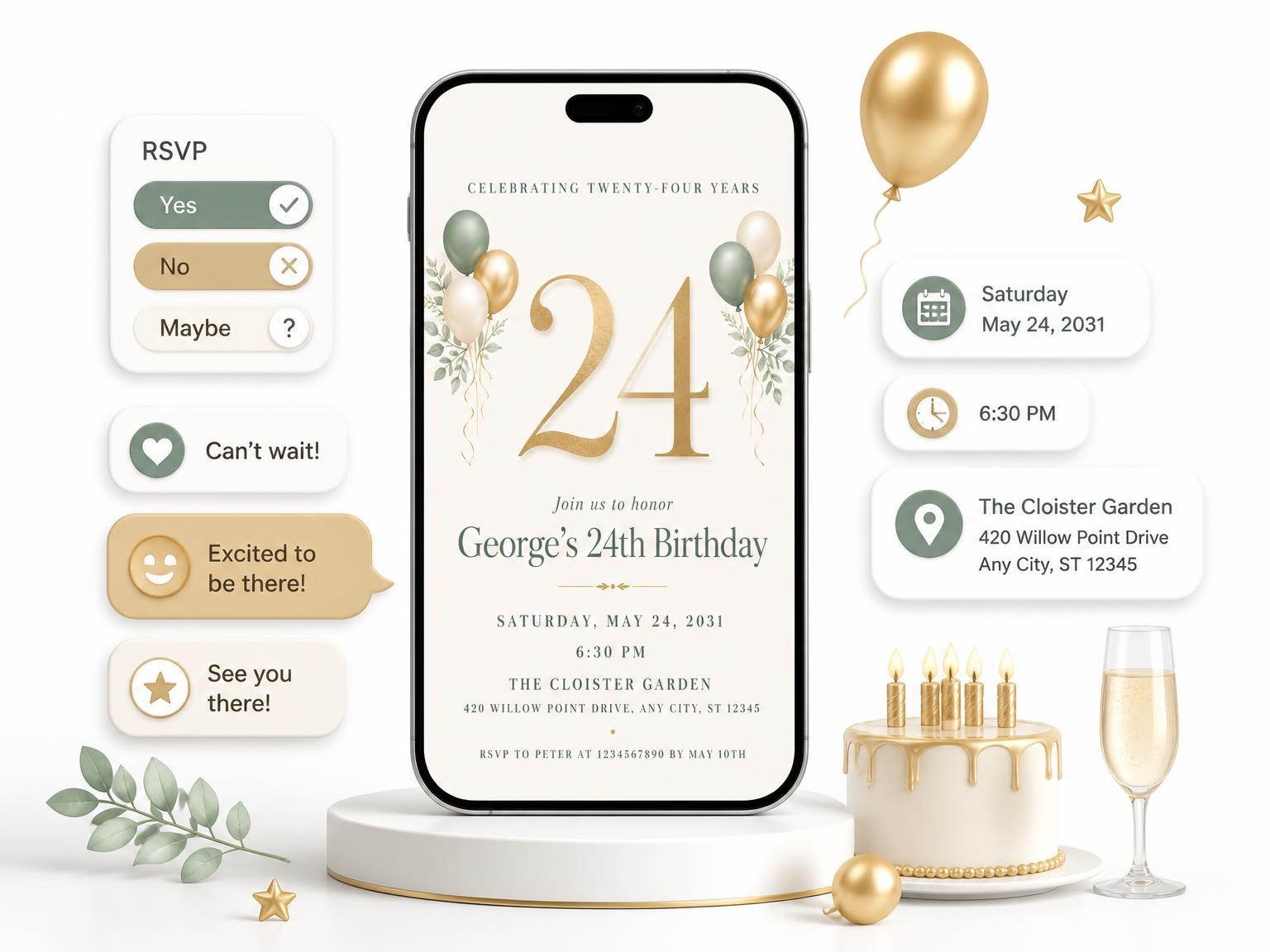 The Sage and Ivory 24th Birthday Invitation invitation on a phone, with guest RSVPs arriving around it