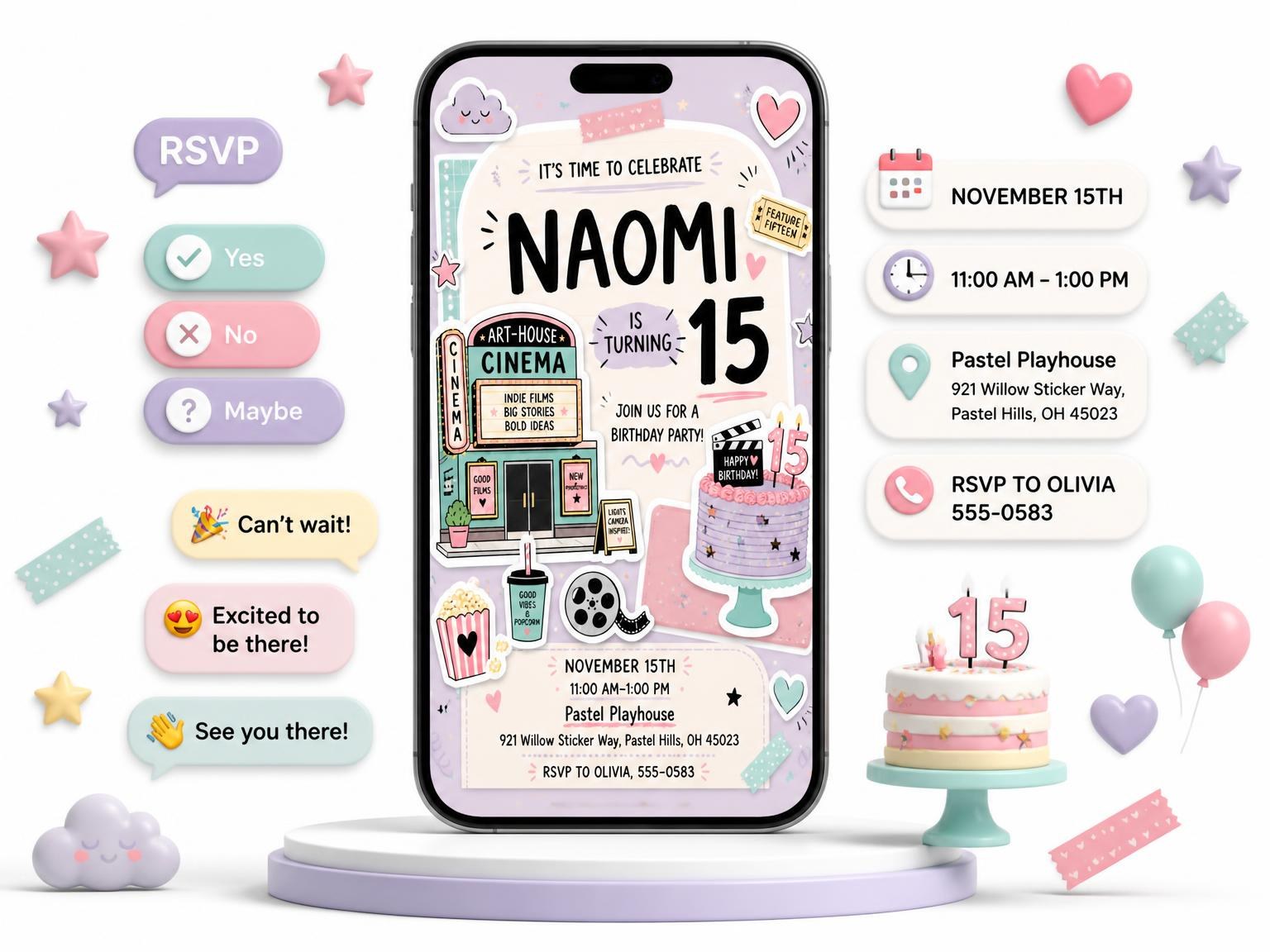 The Pastel Art House Cinema 15th Birthday Invitation invitation on a phone, with guest RSVPs arriving around it