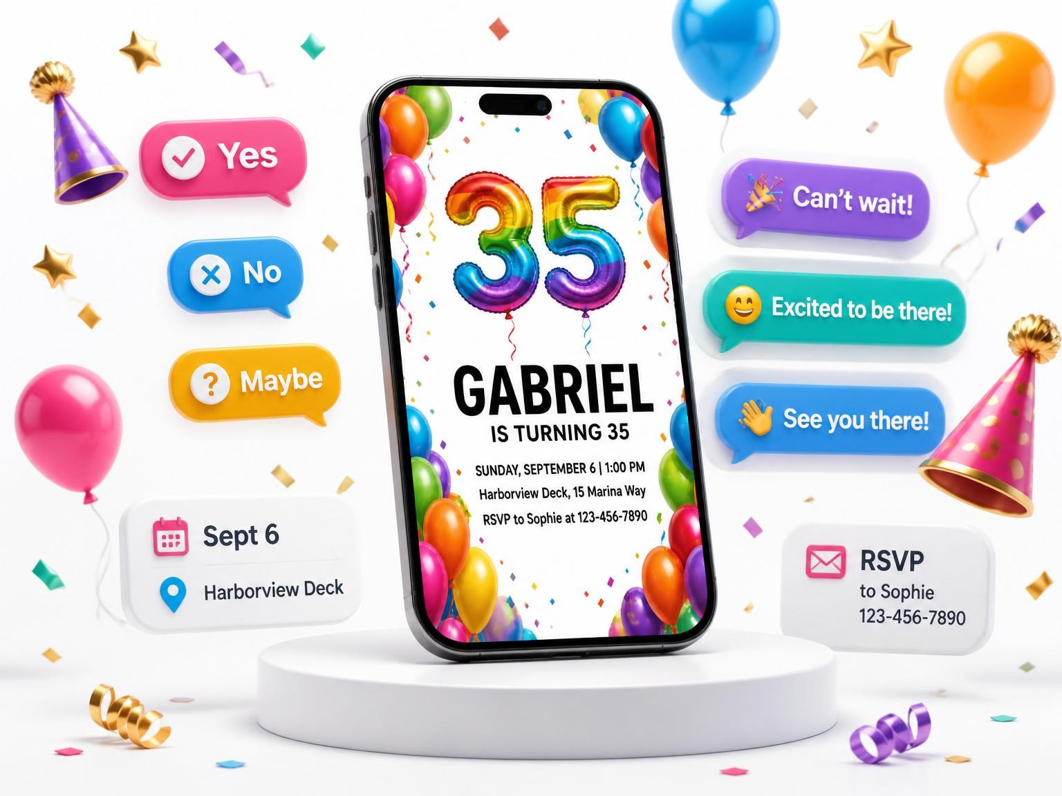 The Rainbow Balloon 35th Birthday Invite invitation on a phone, with guest RSVPs arriving around it