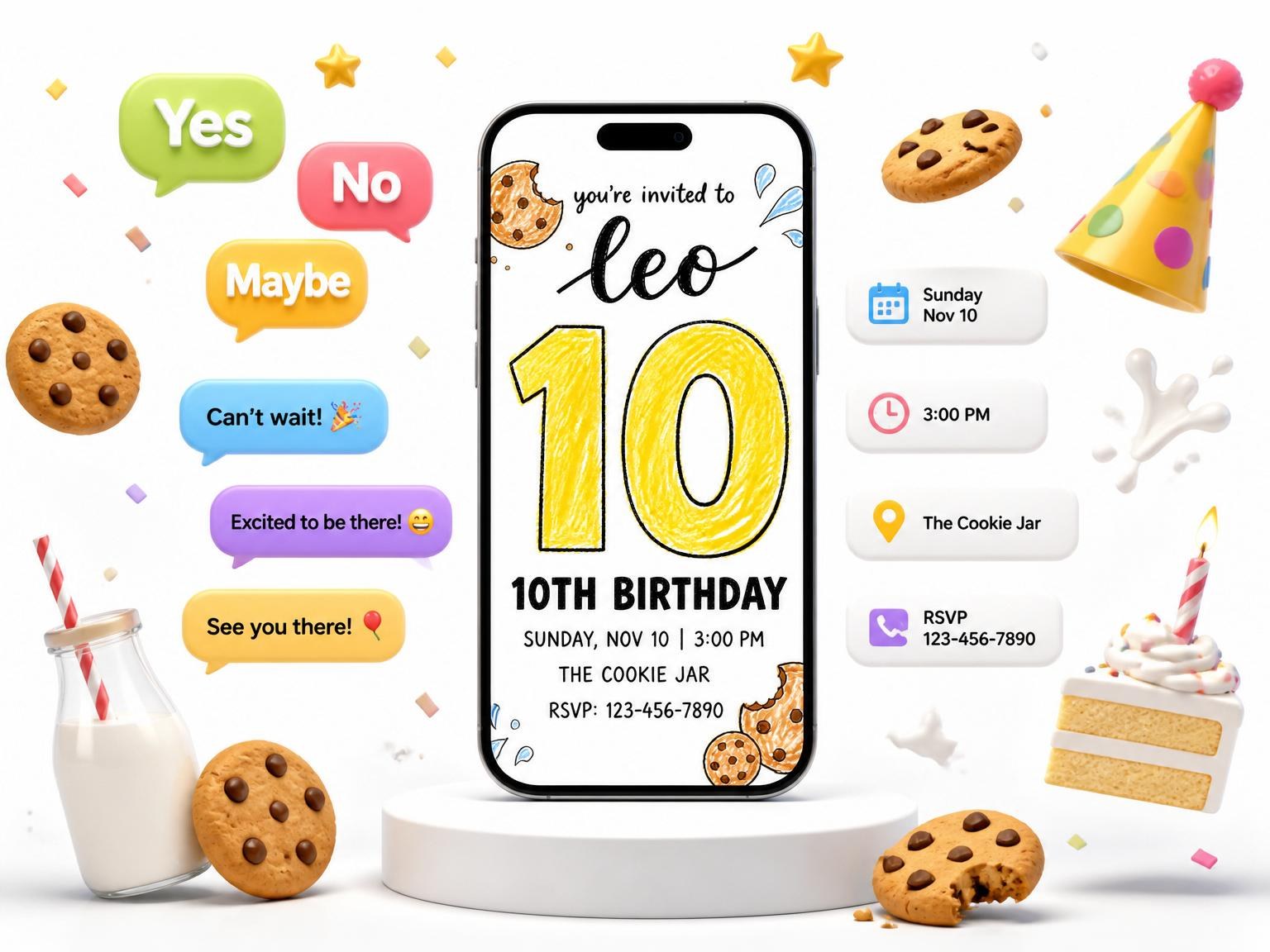 The Crayon Milk and Cookie 10th Birthday invitation on a phone, with guest RSVPs arriving around it