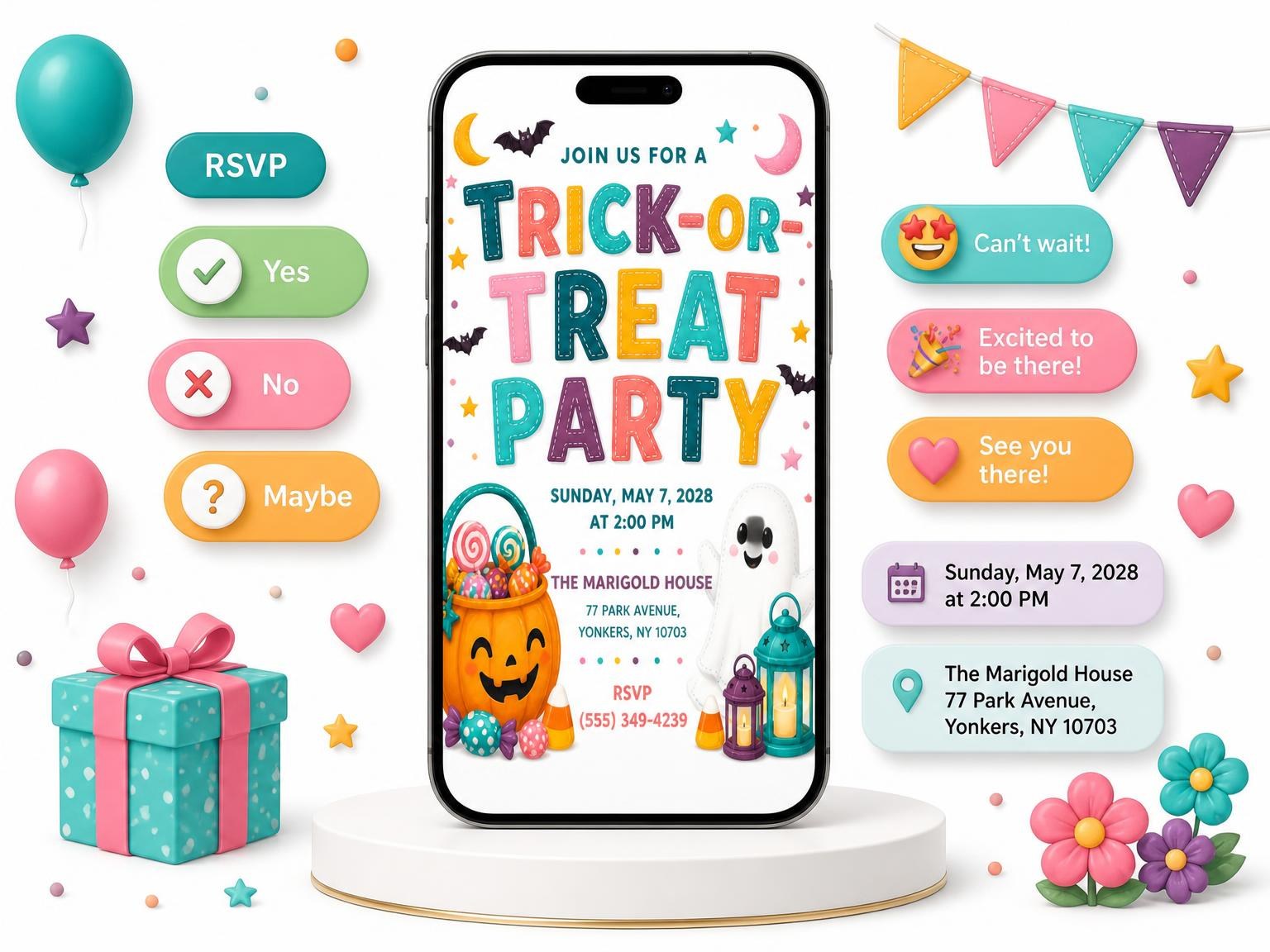 The Pumpkin Treat Halloween Party Invitation invitation on a phone, with guest RSVPs arriving around it