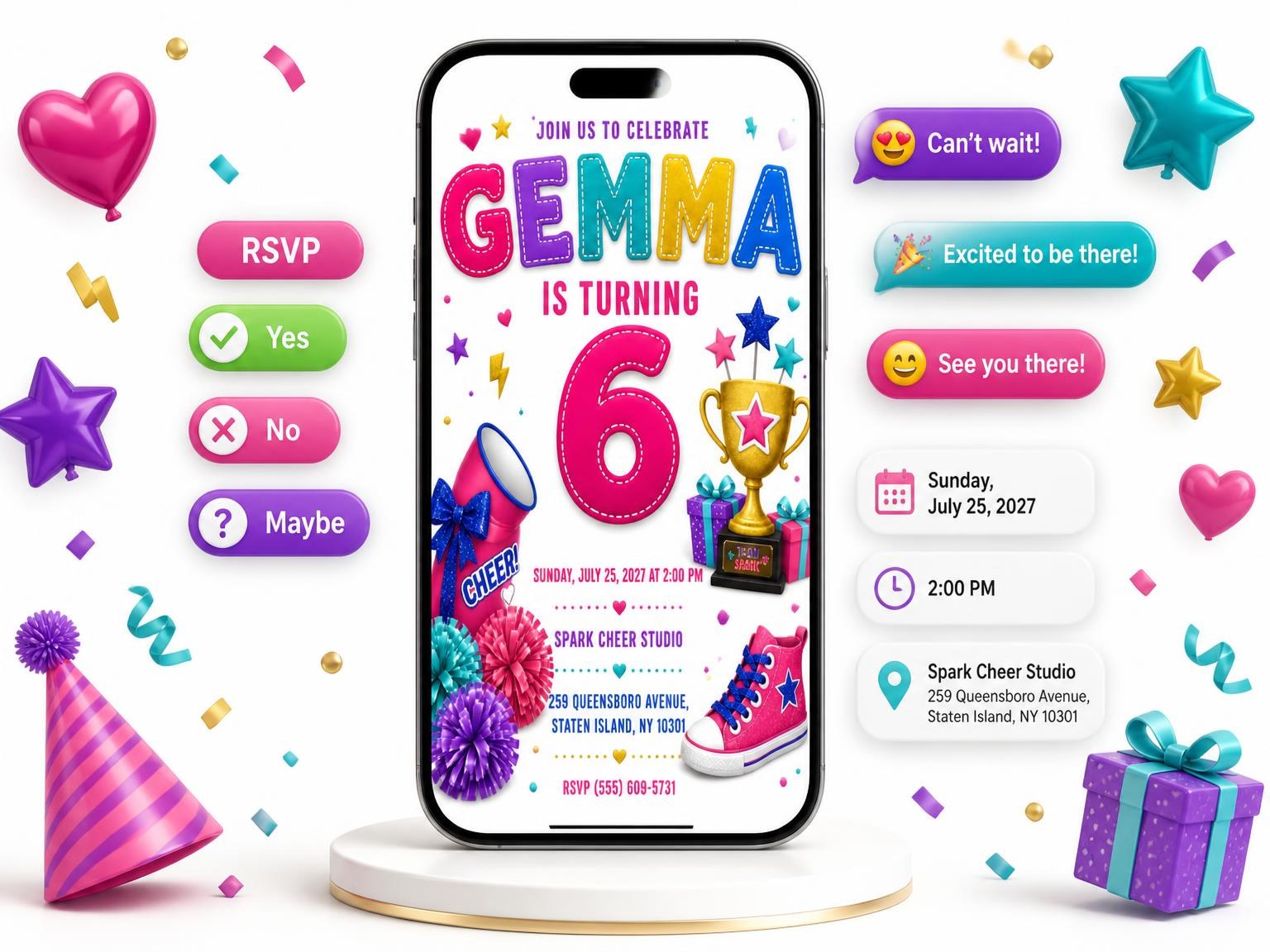 The Stitched Cheer Squad 6th Birthday Invitation invitation on a phone, with guest RSVPs arriving around it