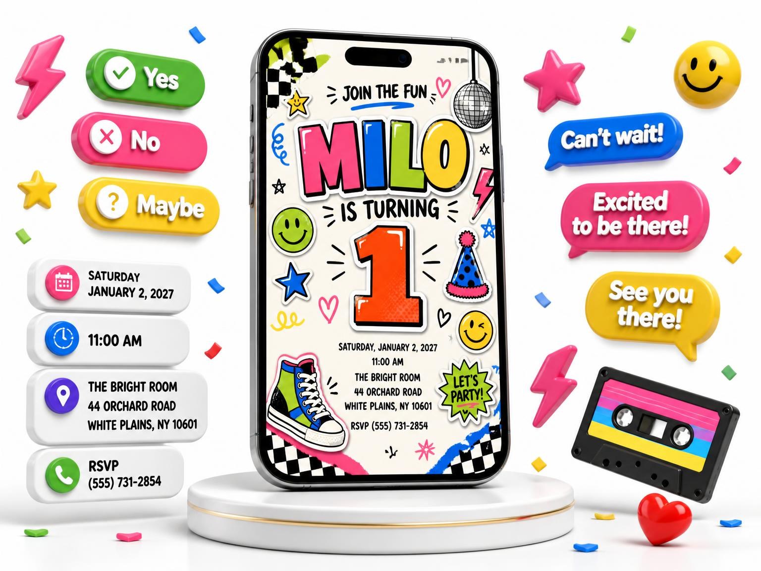 The Sticker Pop 1st Birthday Invitation invitation on a phone, with guest RSVPs arriving around it