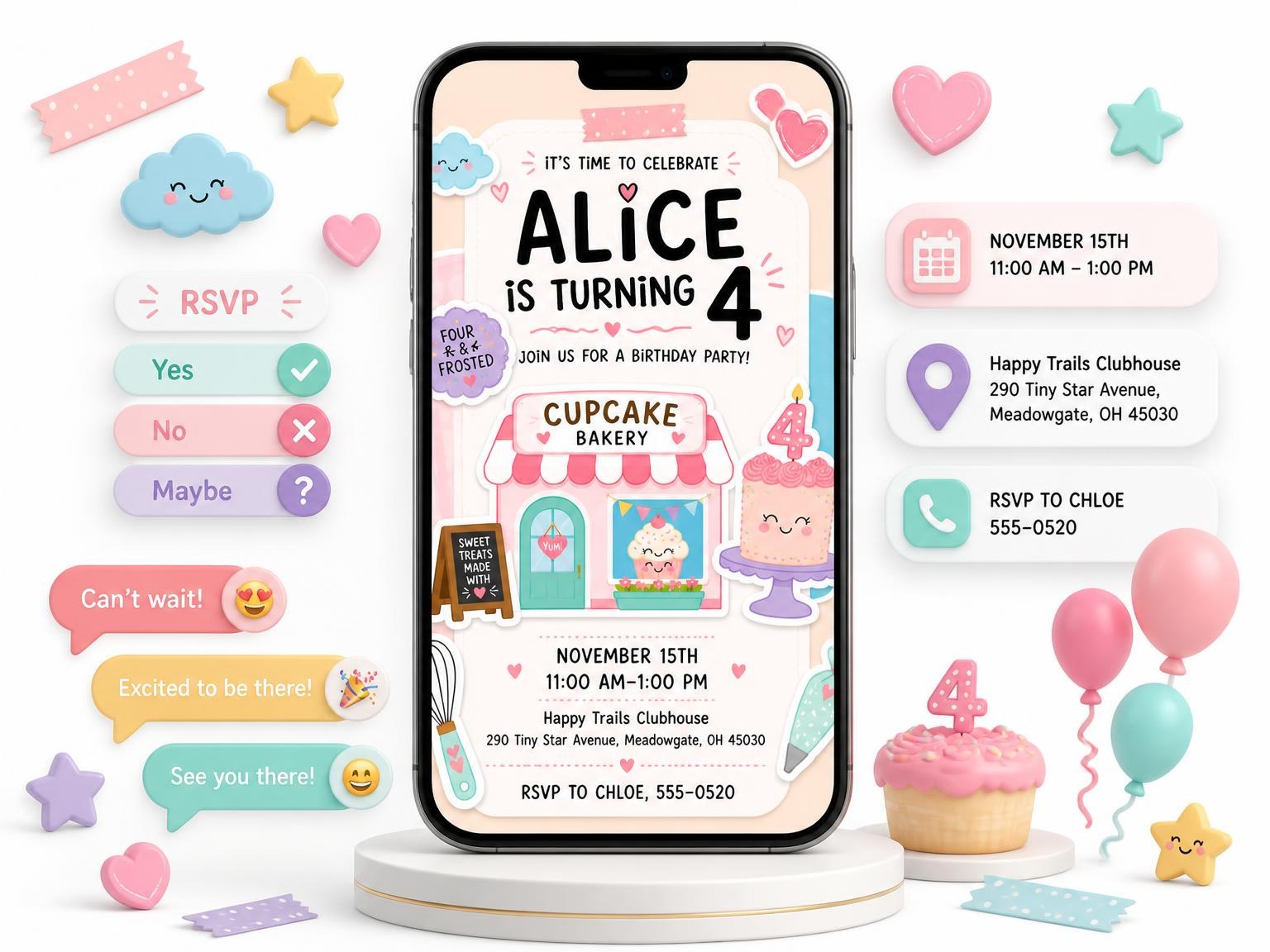 The Bakery Storefront 4th Birthday Invitation invitation on a phone, with guest RSVPs arriving around it