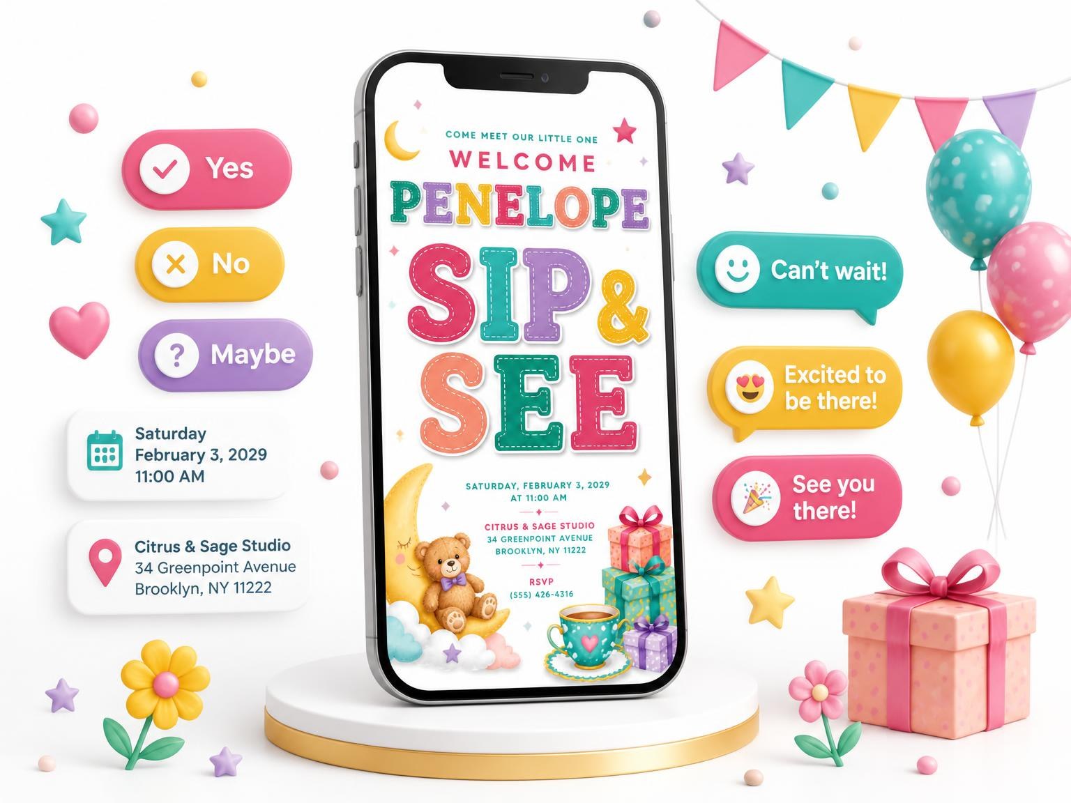 The Teacup And Moon Sip & See Invitation invitation on a phone, with guest RSVPs arriving around it