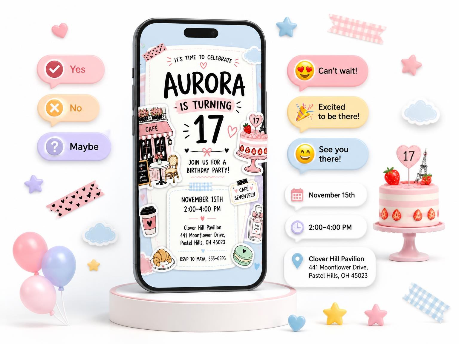 The Cafe Storefront Pastel 17th Birthday Invitation invitation on a phone, with guest RSVPs arriving around it