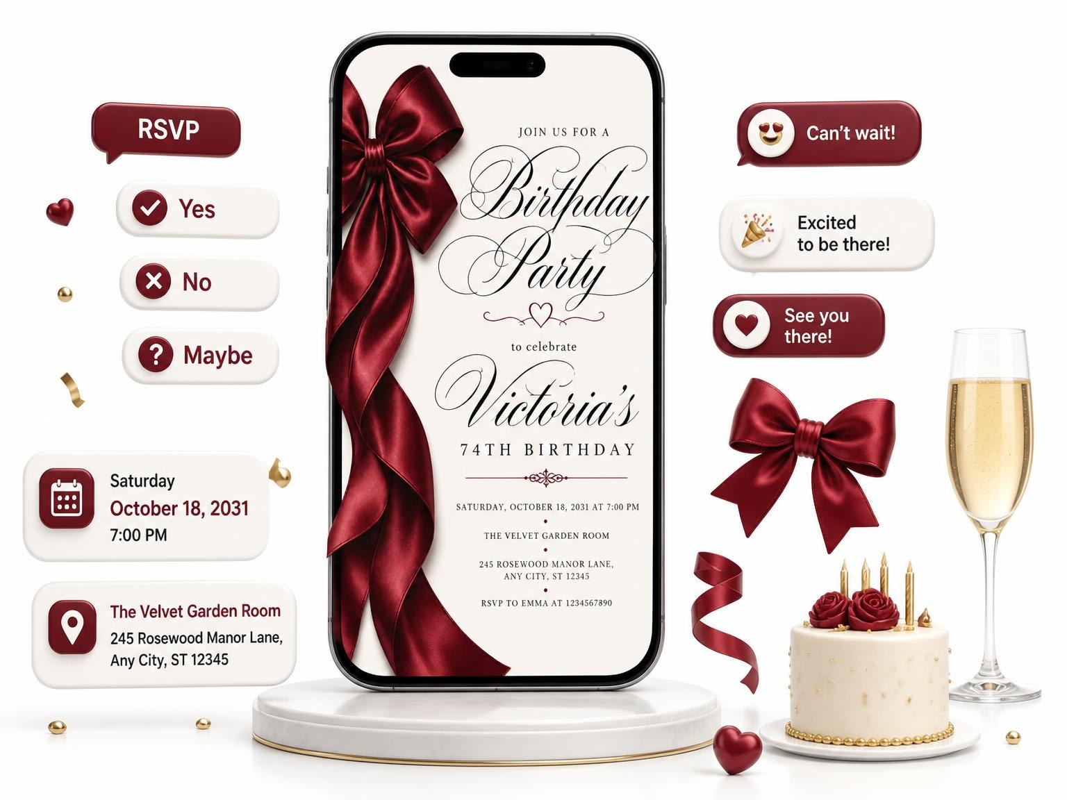 The Burgundy Satin Bow 74th Birthday Invitation invitation on a phone, with guest RSVPs arriving around it
