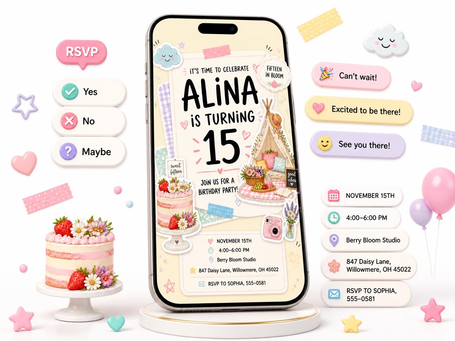 The Pastel Boho Picnic 15th Birthday Invitation invitation on a phone, with guest RSVPs arriving around it