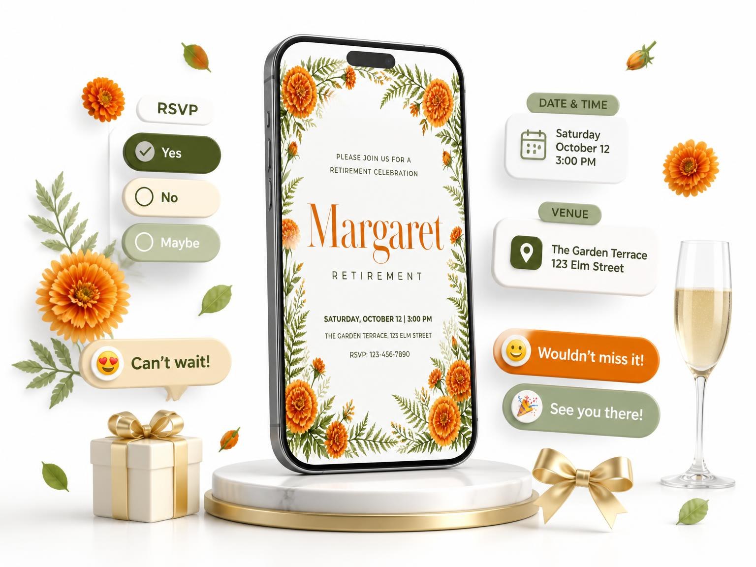 The Marigold Ferns Retirement Celebration Invitation invitation on a phone, with guest RSVPs arriving around it