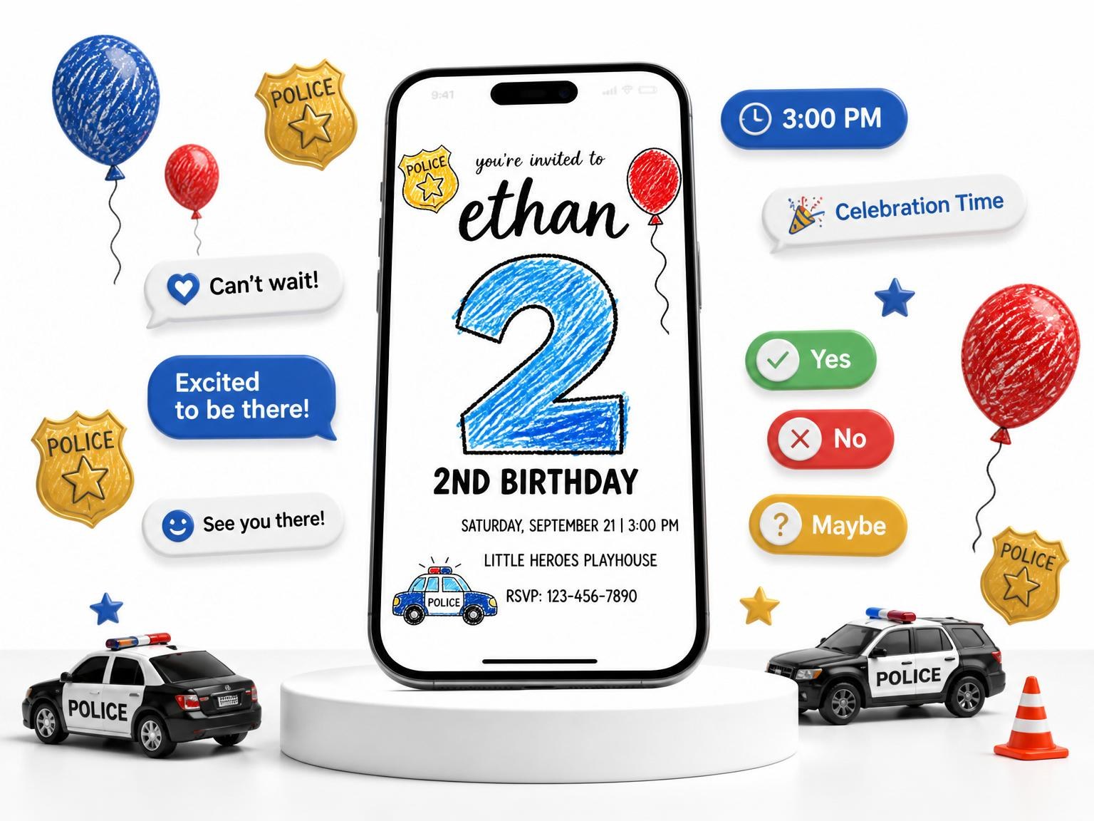 The Crayon Police Badge 2nd Birthday invitation on a phone, with guest RSVPs arriving around it