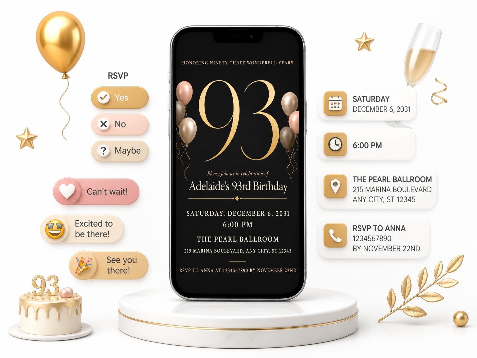 The Charcoal and Blush 93rd Birthday Invitation invitation on a phone, with guest RSVPs arriving around it