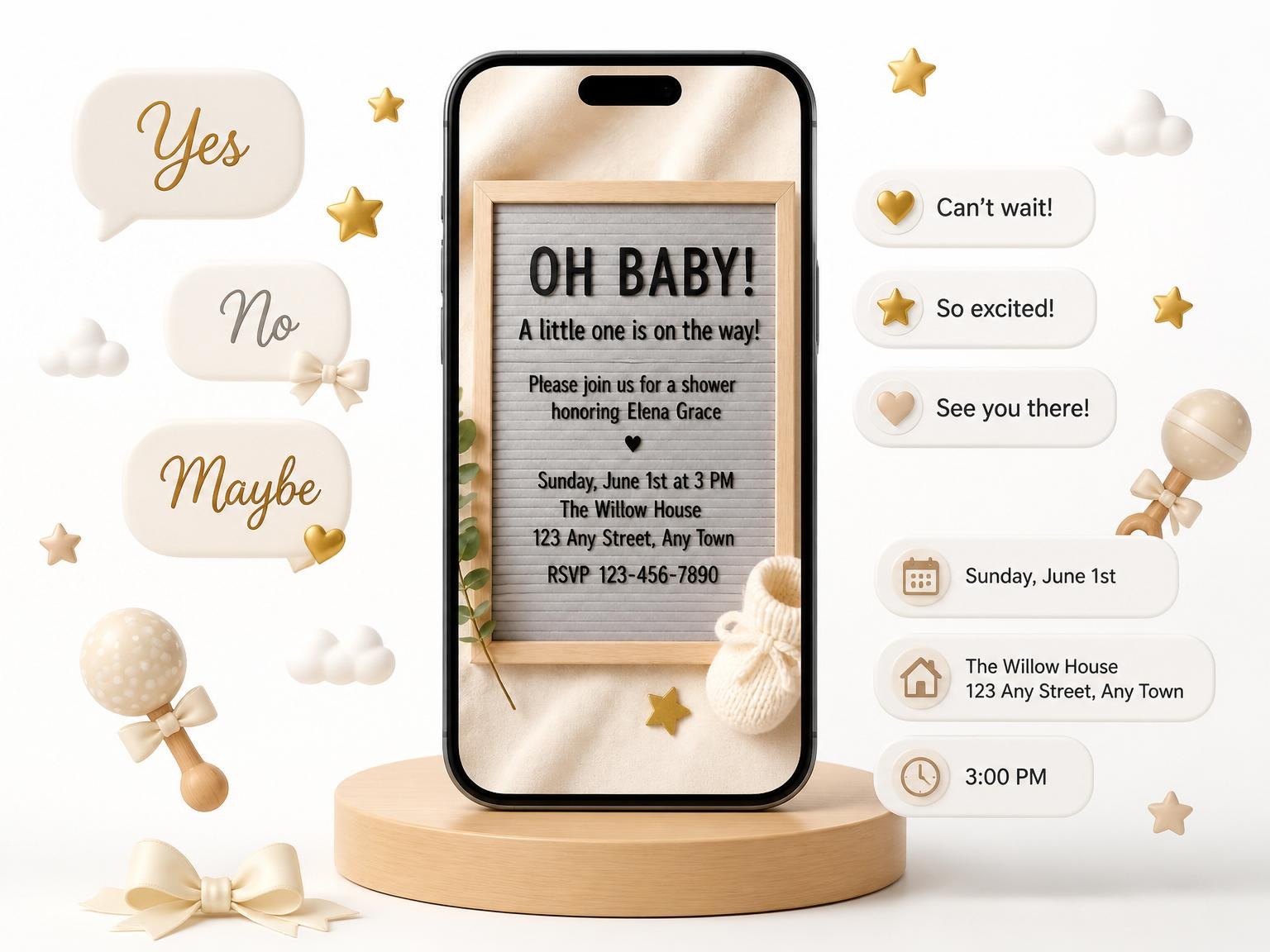The Grey Felt Board Baby Shower invitation on a phone, with guest RSVPs arriving around it