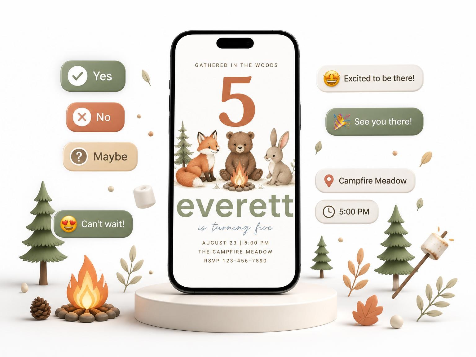The Watercolor Woodland Animal Campfire 5th Birthday invitation on a phone, with guest RSVPs arriving around it