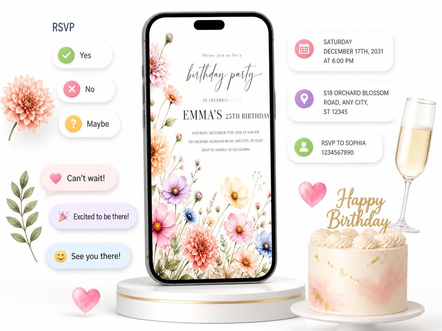 The Pastel Dahlias Cosmos 25th Birthday Invitation invitation on a phone, with guest RSVPs arriving around it