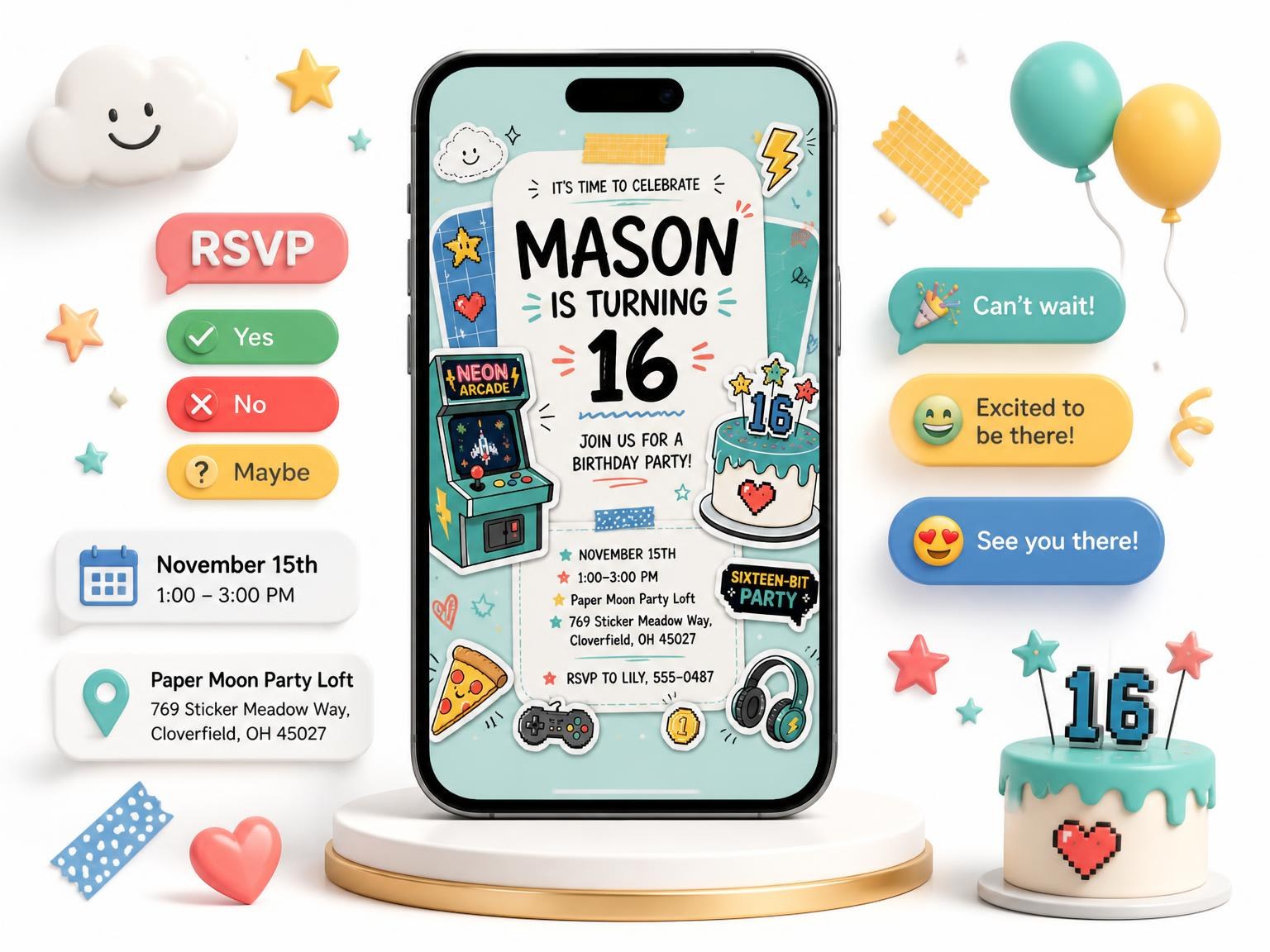 The Arcade Cabinet Pastel 16th Birthday Invitation invitation on a phone, with guest RSVPs arriving around it
