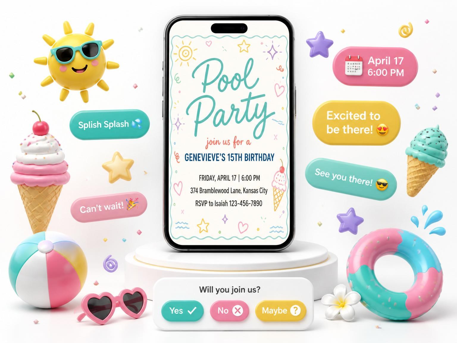 The Teal Border Pool Party 15th Birthday invitation on a phone, with guest RSVPs arriving around it