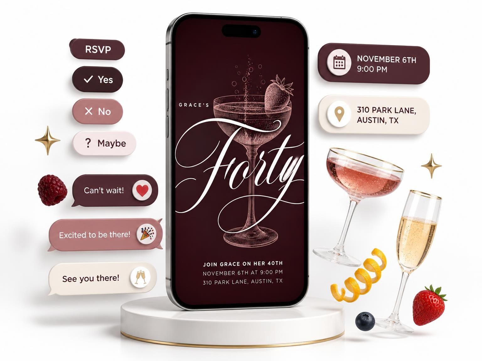 The Burgundy Cocktail 40th Birthday Invitation invitation on a phone, with guest RSVPs arriving around it