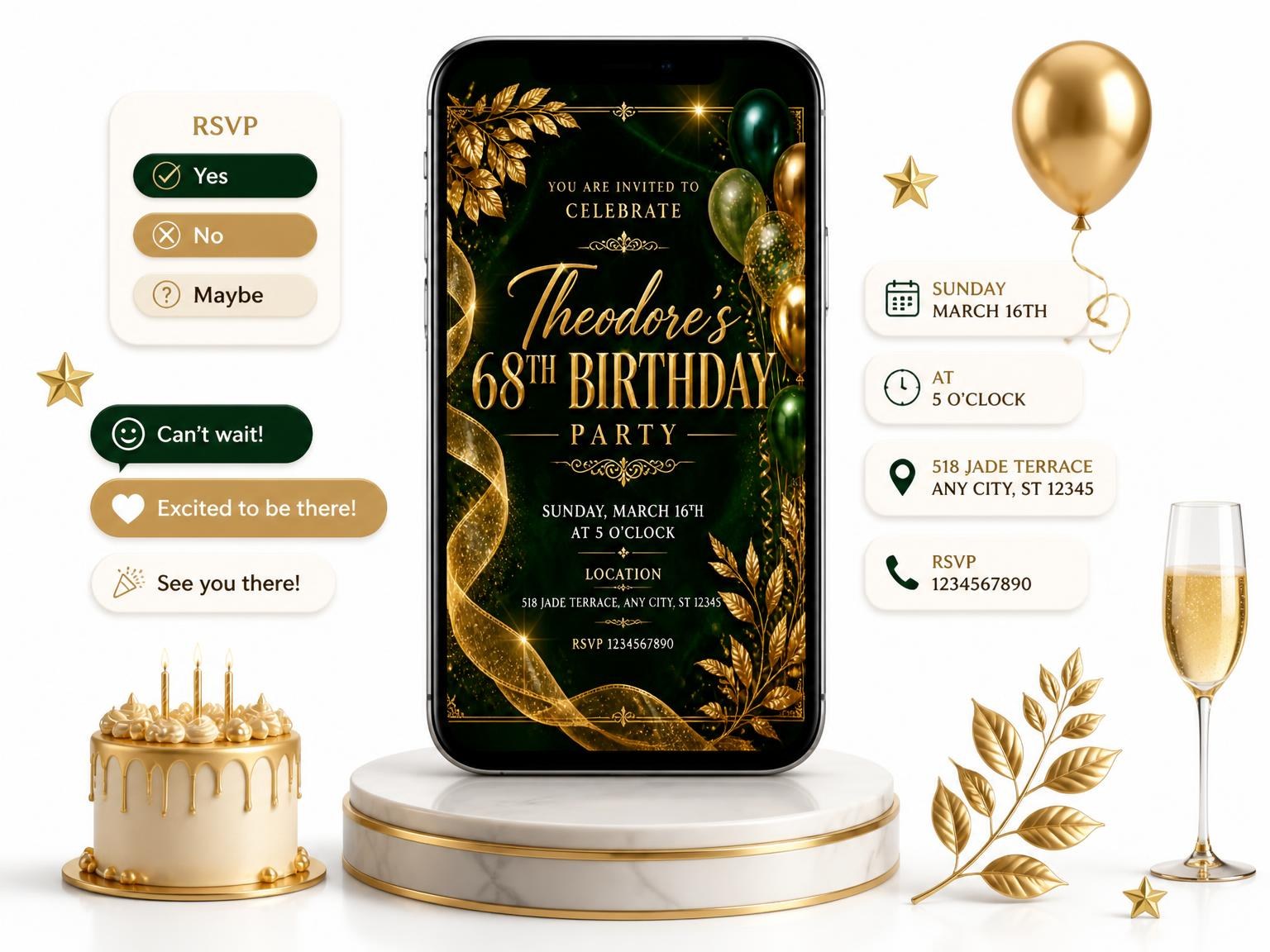 The Emerald and Champagne 68th Birthday Invitation invitation on a phone, with guest RSVPs arriving around it